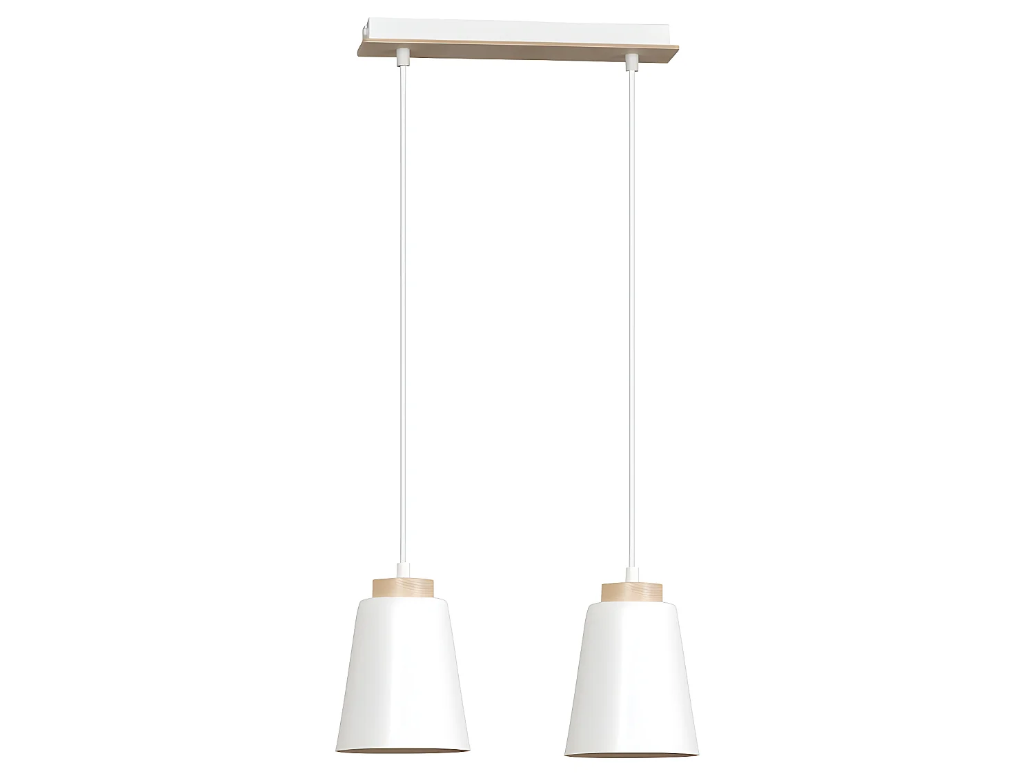 Plafondlamp Lasso met 2 witte lampenkappen van metaal en hout 2xE27