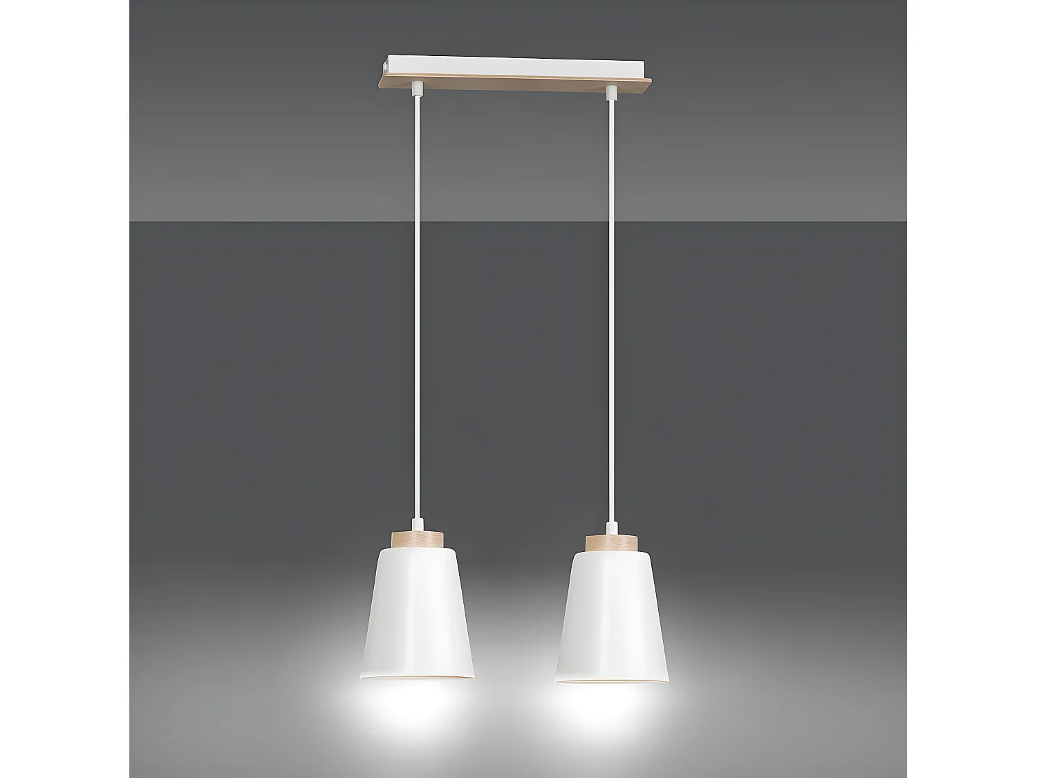 Plafondlamp Lasso met 2 witte lampenkappen van metaal en hout 2xE27