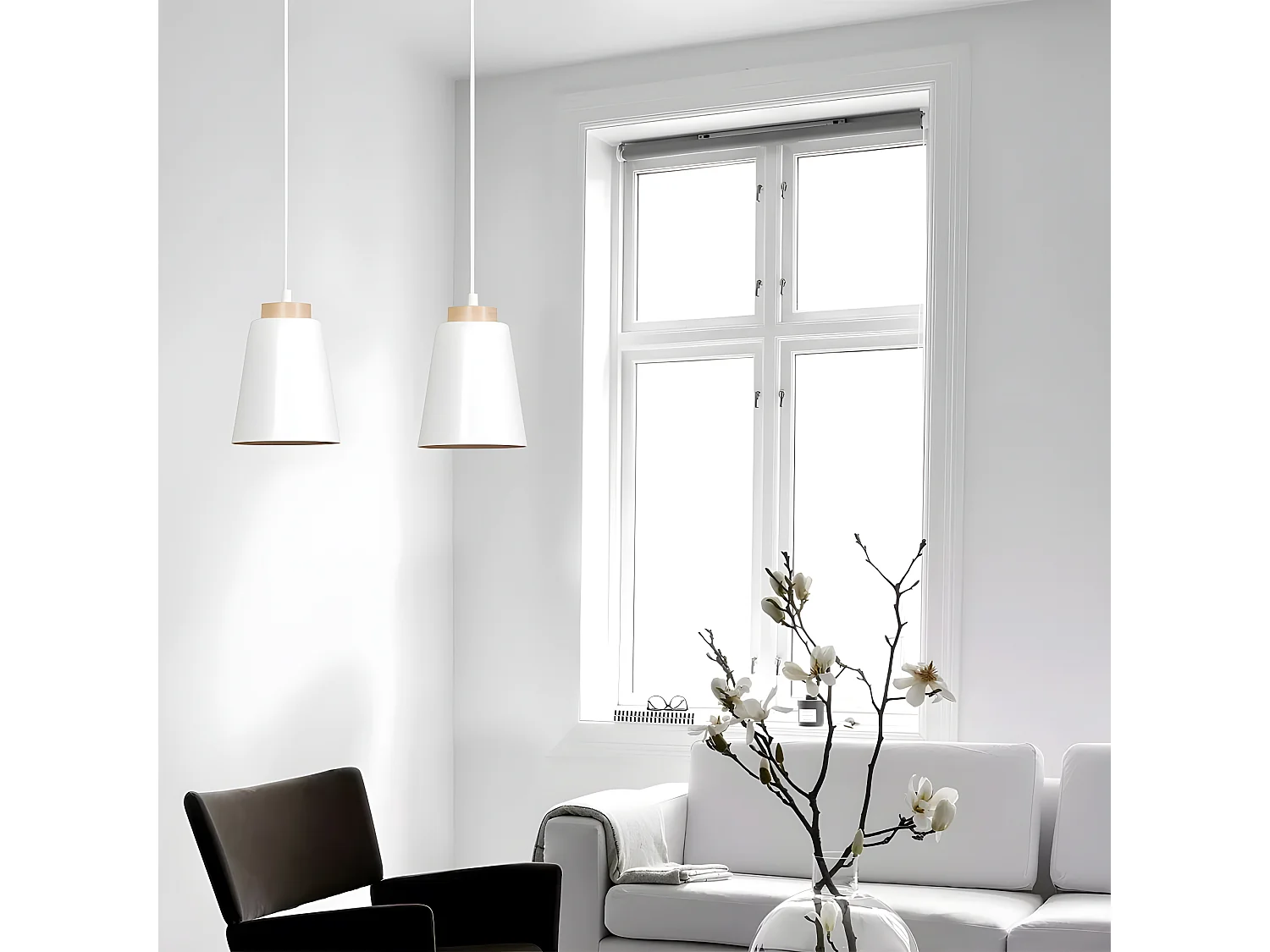 Plafondlamp Lasso met 2 witte lampenkappen van metaal en hout 2xE27