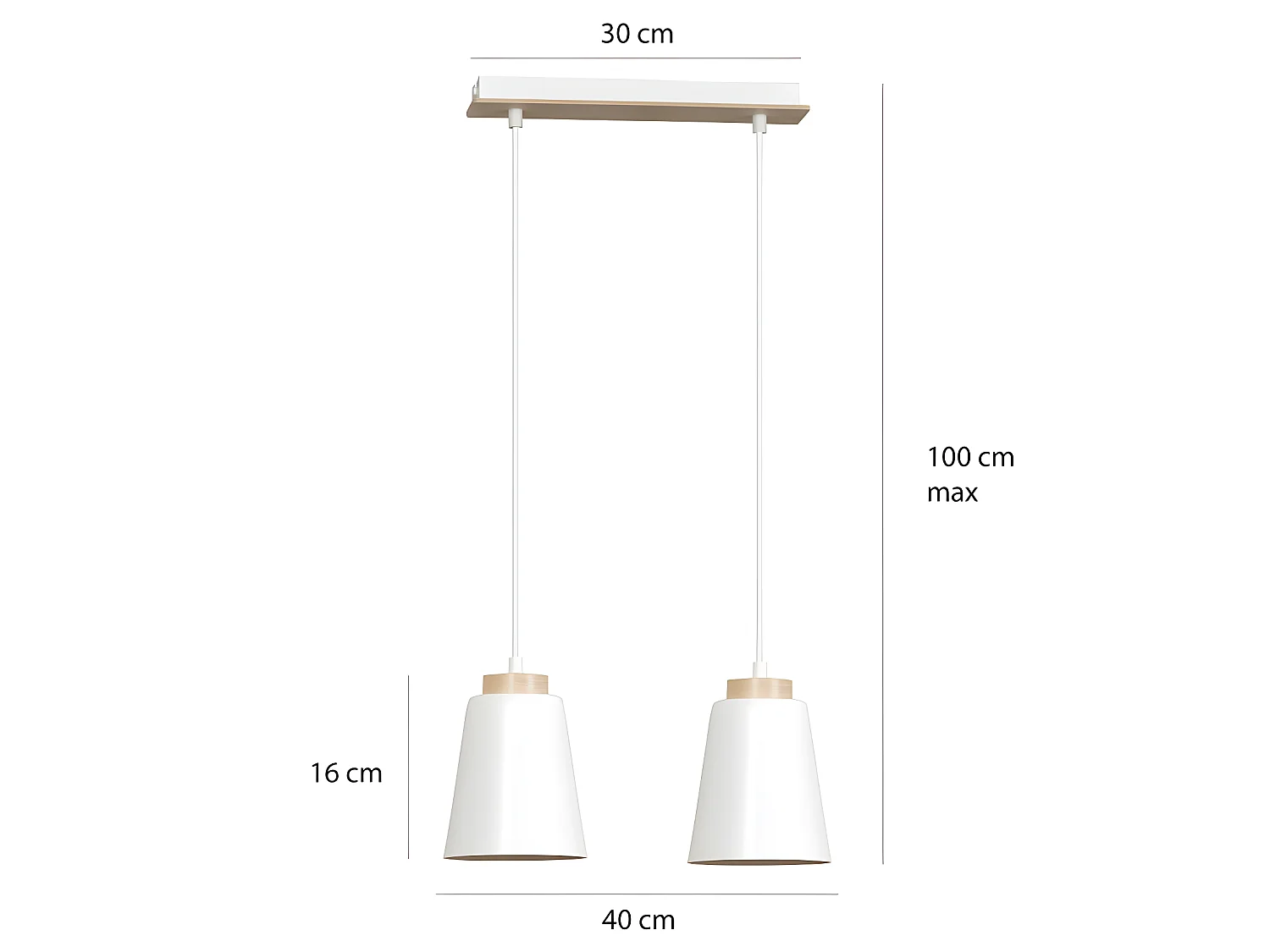 Plafondlamp Lasso met 2 witte lampenkappen van metaal en hout 2xE27