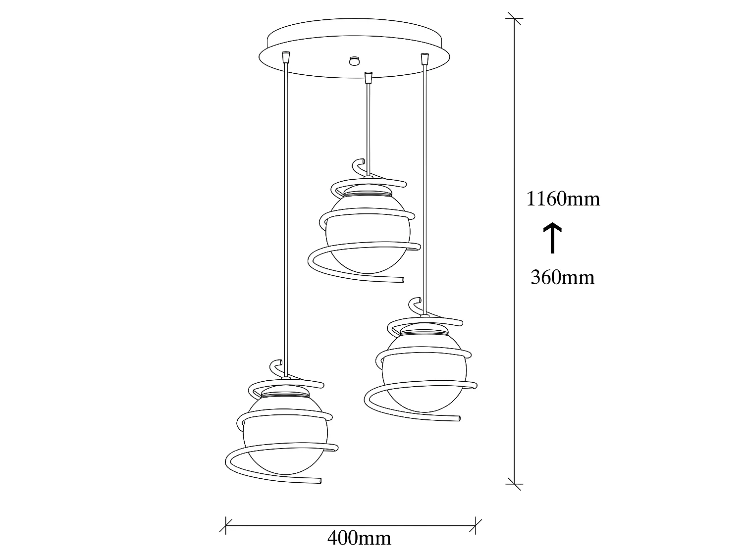 Suspension moderne Galene avec 3 spirales noires et sphères en verre 3xE27 ø40cm