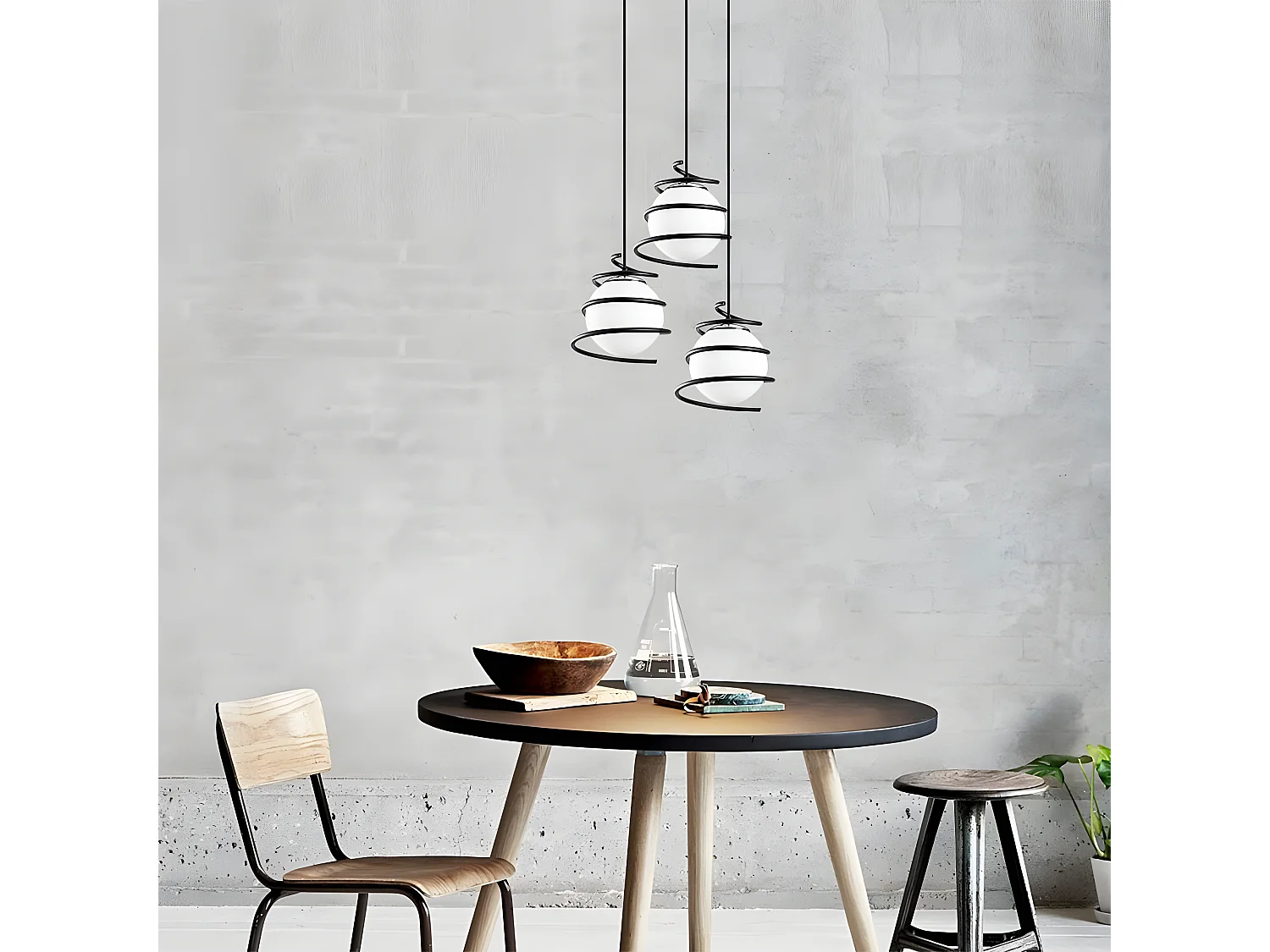 Suspension moderne Galene avec 3 spirales noires et sphères en verre 3xE27 ø40cm