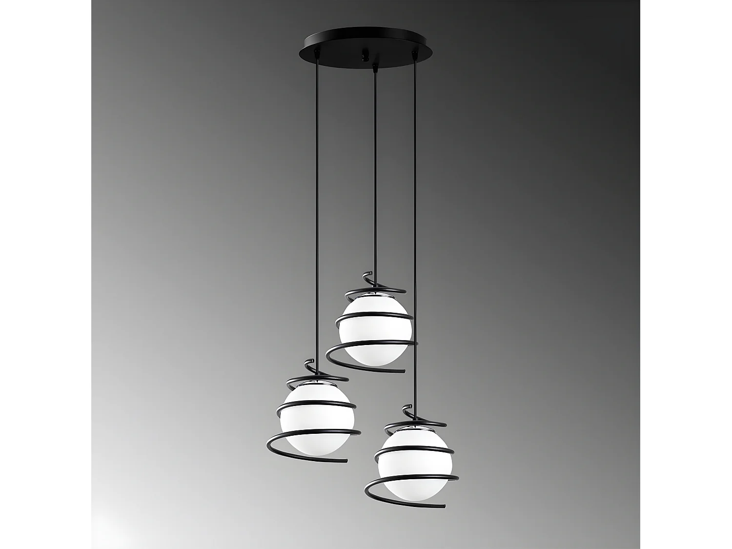 Suspension moderne Galene avec 3 spirales noires et sphères en verre 3xE27 ø40cm