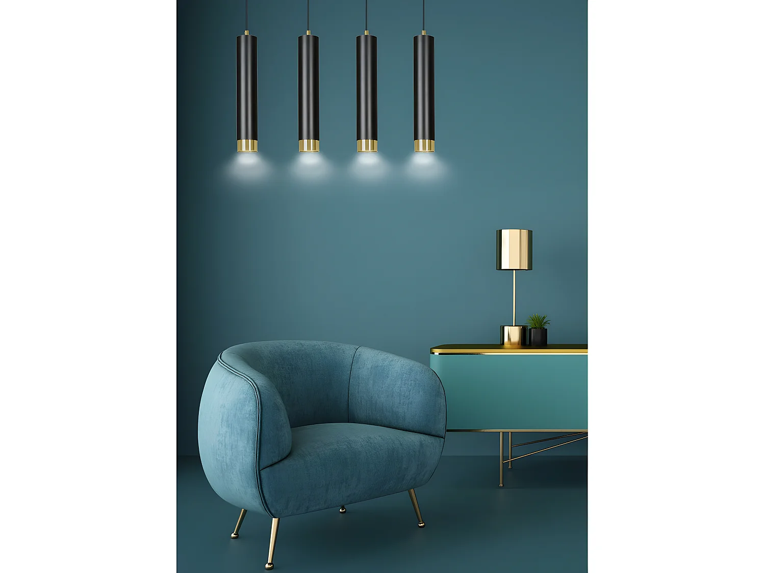 Suspension moderne Mura avec 4 abat-jour cylindriques noir et doré 4xGU10