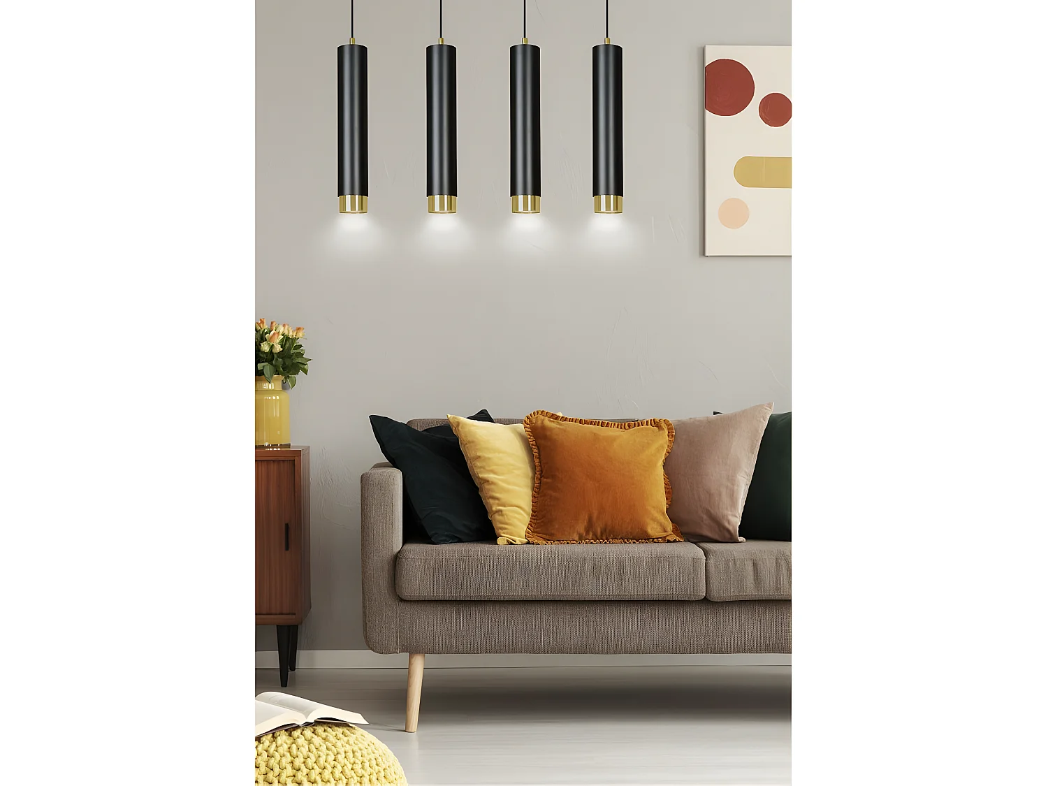 Suspension moderne Mura avec 4 abat-jour cylindriques noir et doré 4xGU10