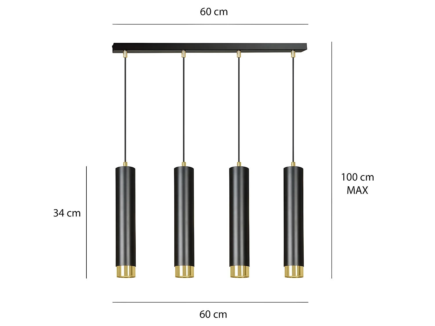 Suspension moderne Mura avec 4 abat-jour cylindriques noir et doré 4xGU10