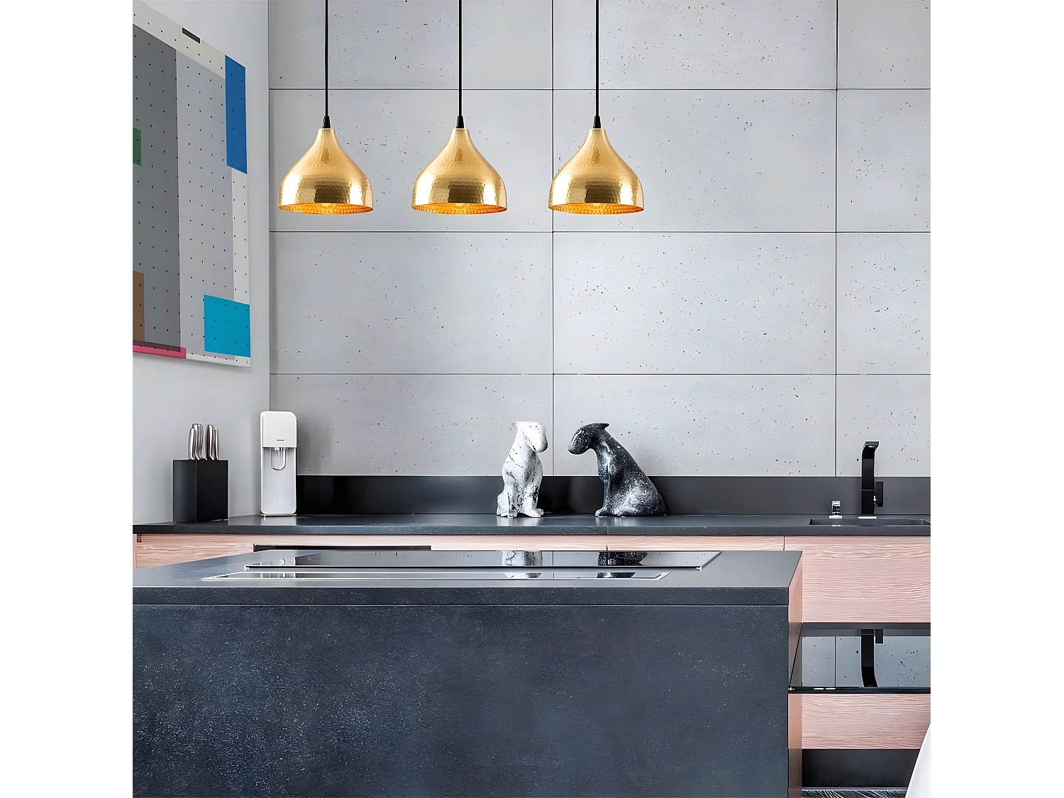 Lineaire Hanglamp Asney met 3 gouden metalen lampenkappen 3xE27