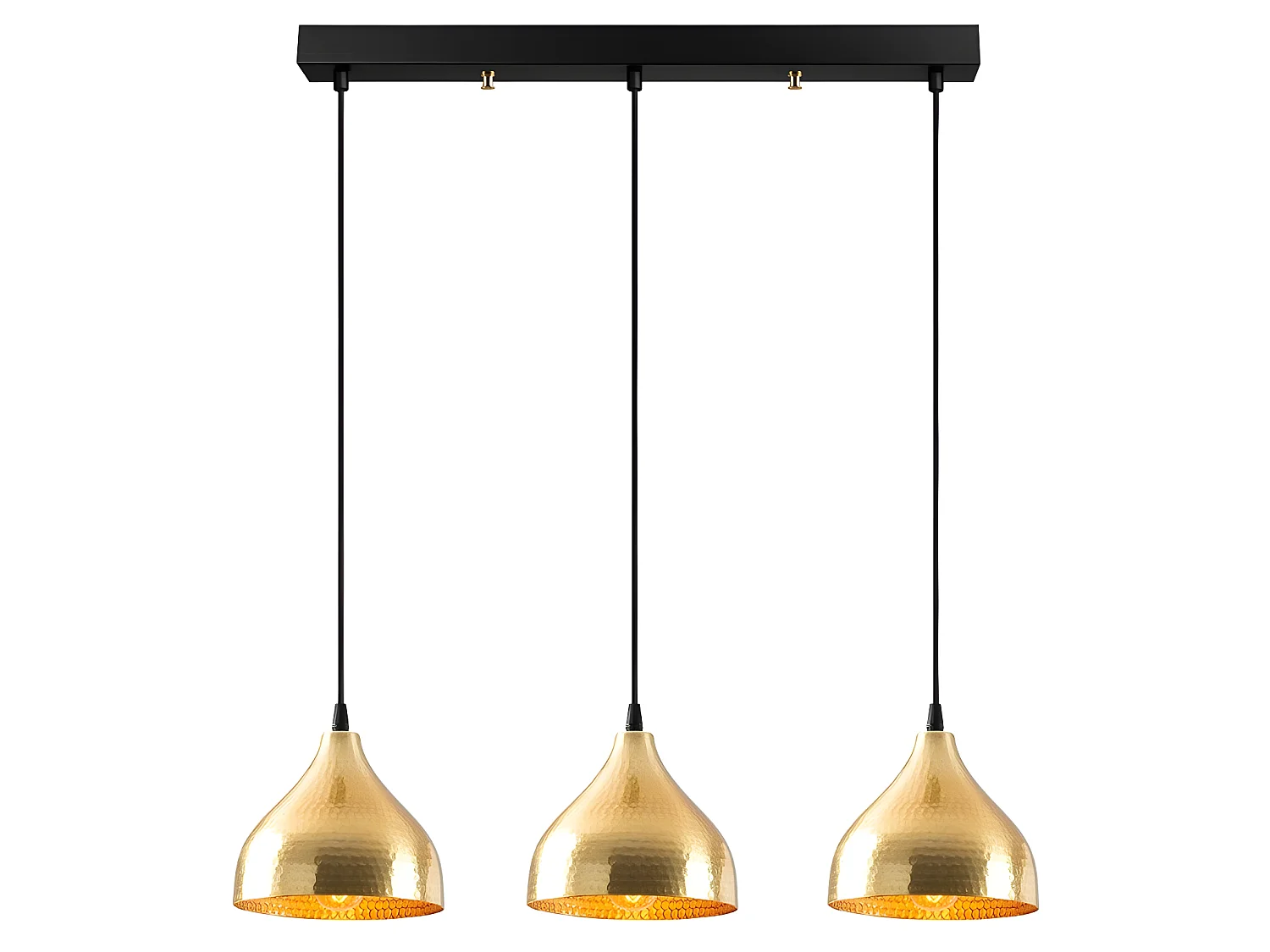 Lineaire Hanglamp Asney met 3 gouden metalen lampenkappen 3xE27