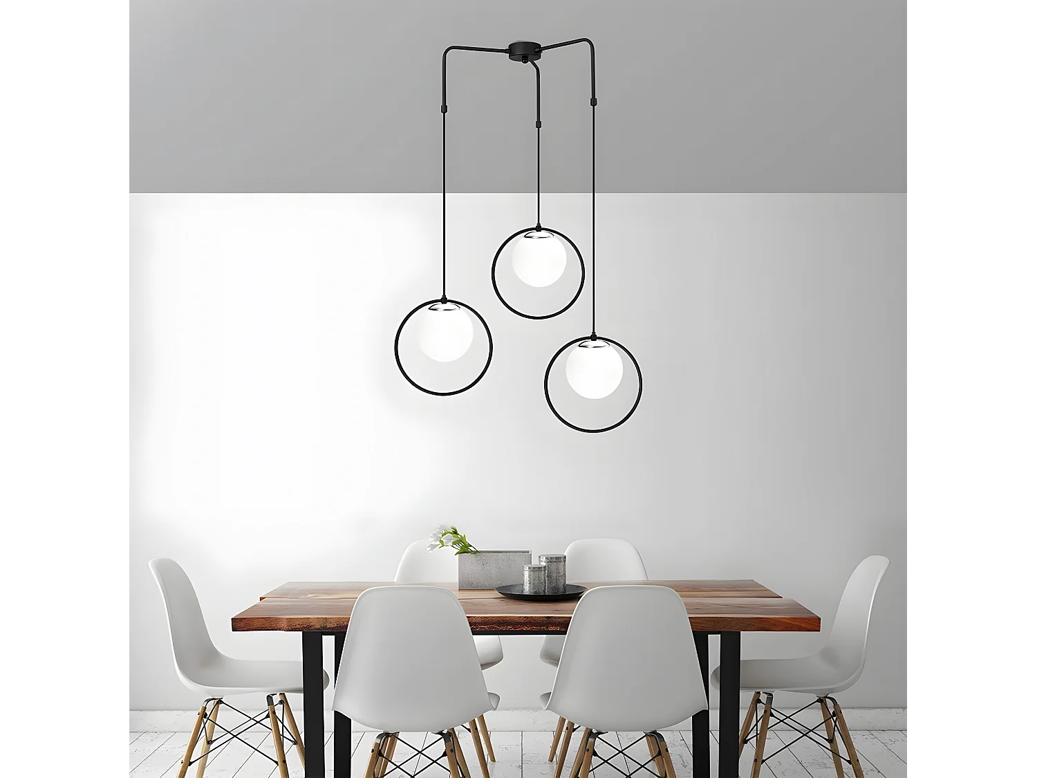 Pendelleuchte Escott mit schwarzer Ringform und 3 Glaskugeln 3xE27