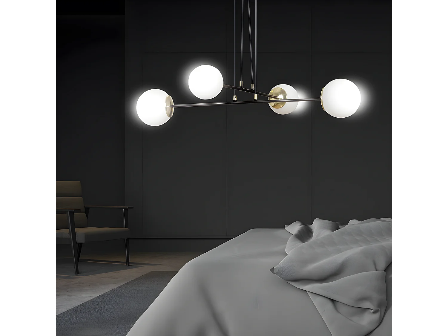 Signo hanglamp met zwarte metalen staven en 4 glazen bollen 4xE14 ø75cm