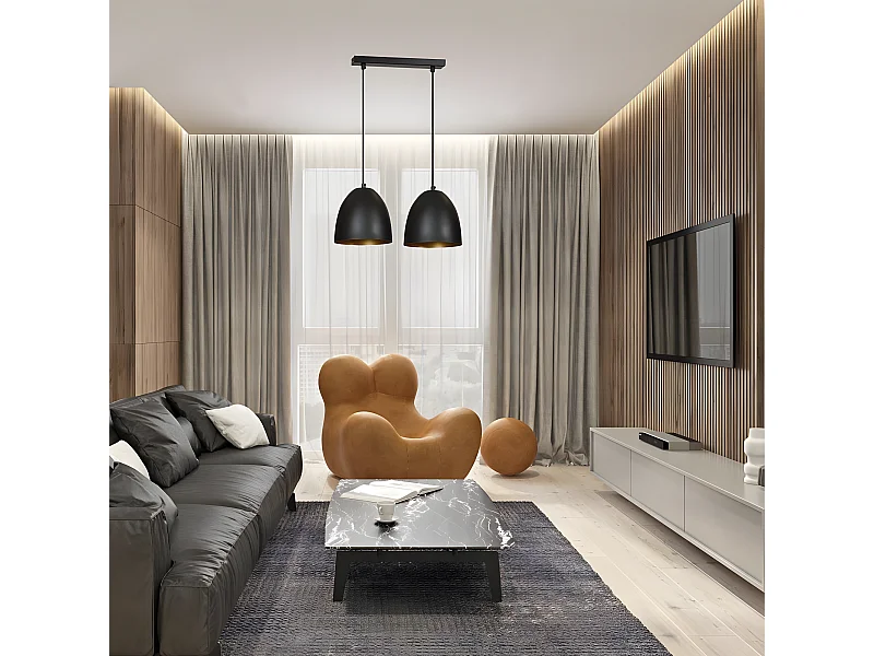 Suspension linéaire Jonix nordic avec 2 abat-jour en forme de dôme noir et or 2xE27