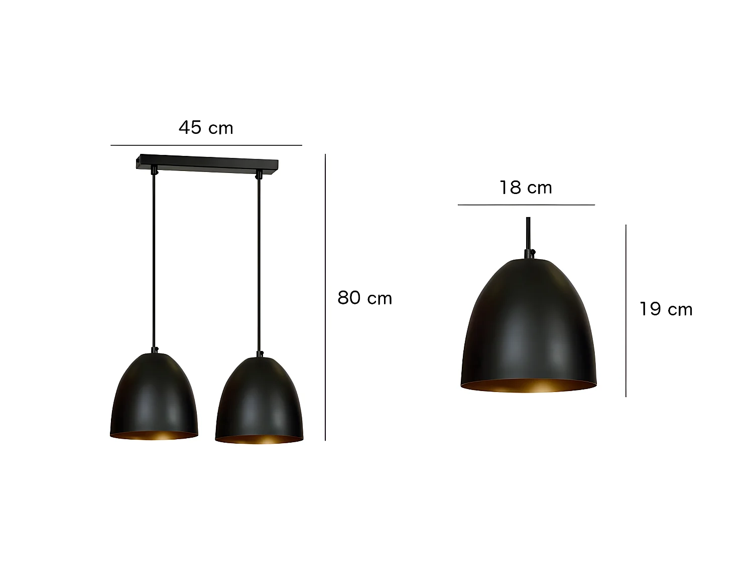 Regleta de techo Jonix nórdico con 2 pantallas en forma de cúpula negro y dorado 2xE27