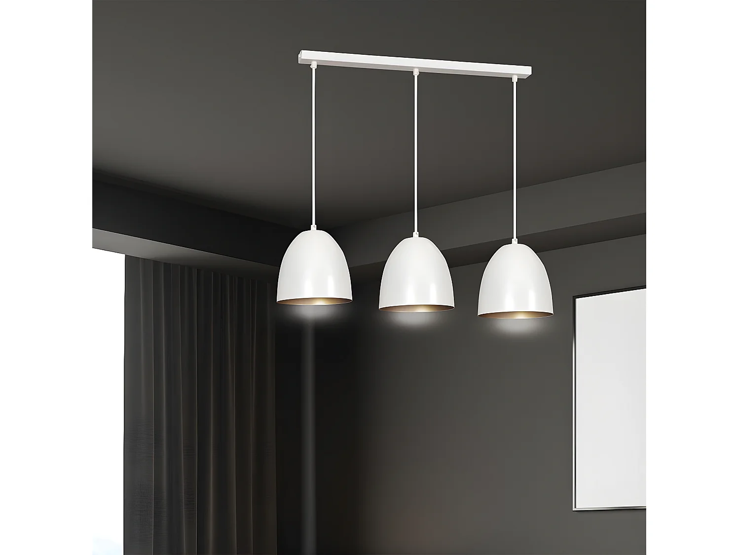 Suspension linéaire nordique Jonix avec 3 abat-jour en forme de dôme blanc et doré 3xE27