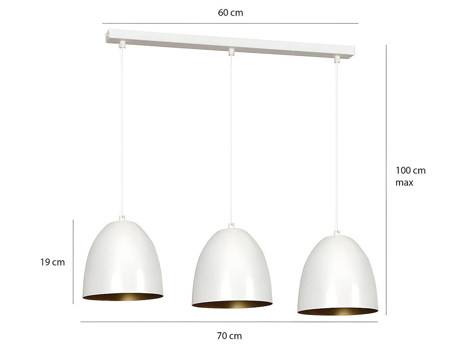 Suspension linéaire nordique Jonix avec 3 abat-jour en forme de dôme blanc et doré 3xE27