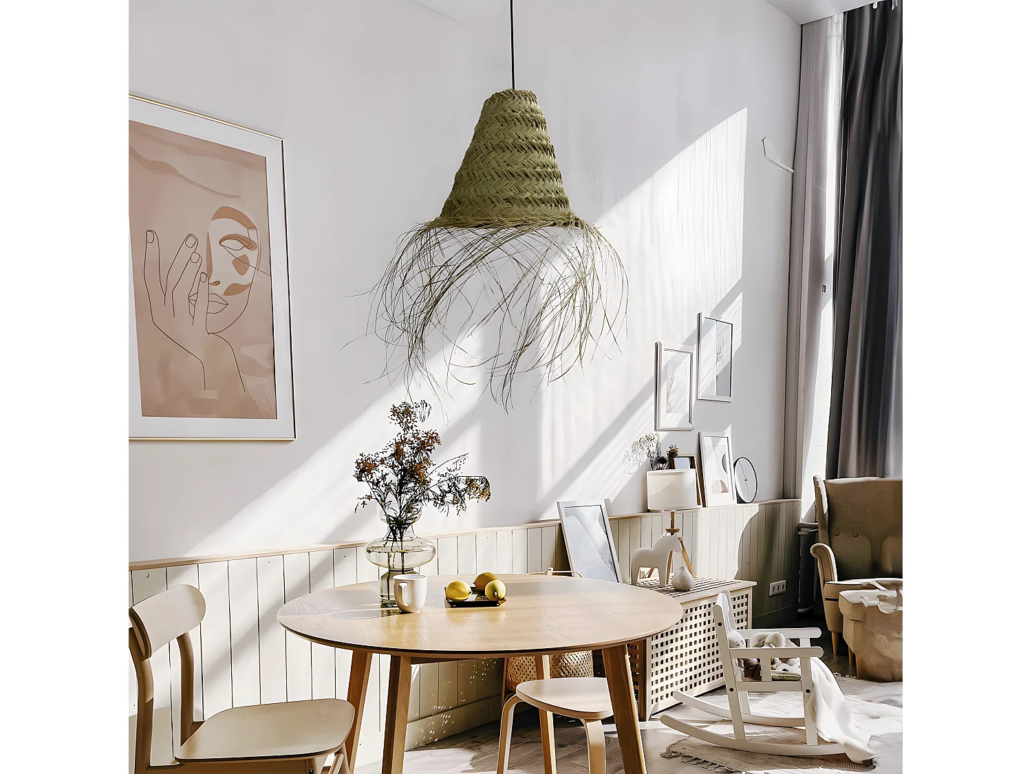 Handgemaakte Hanglamp Nidas met esparto gras kap en franjes 1xE27 ø30cm