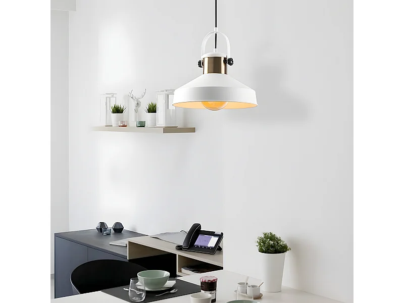 Suspension vintage rétro Momo avec abat-jour blanc et détail en laiton 1xE27 ø35cm