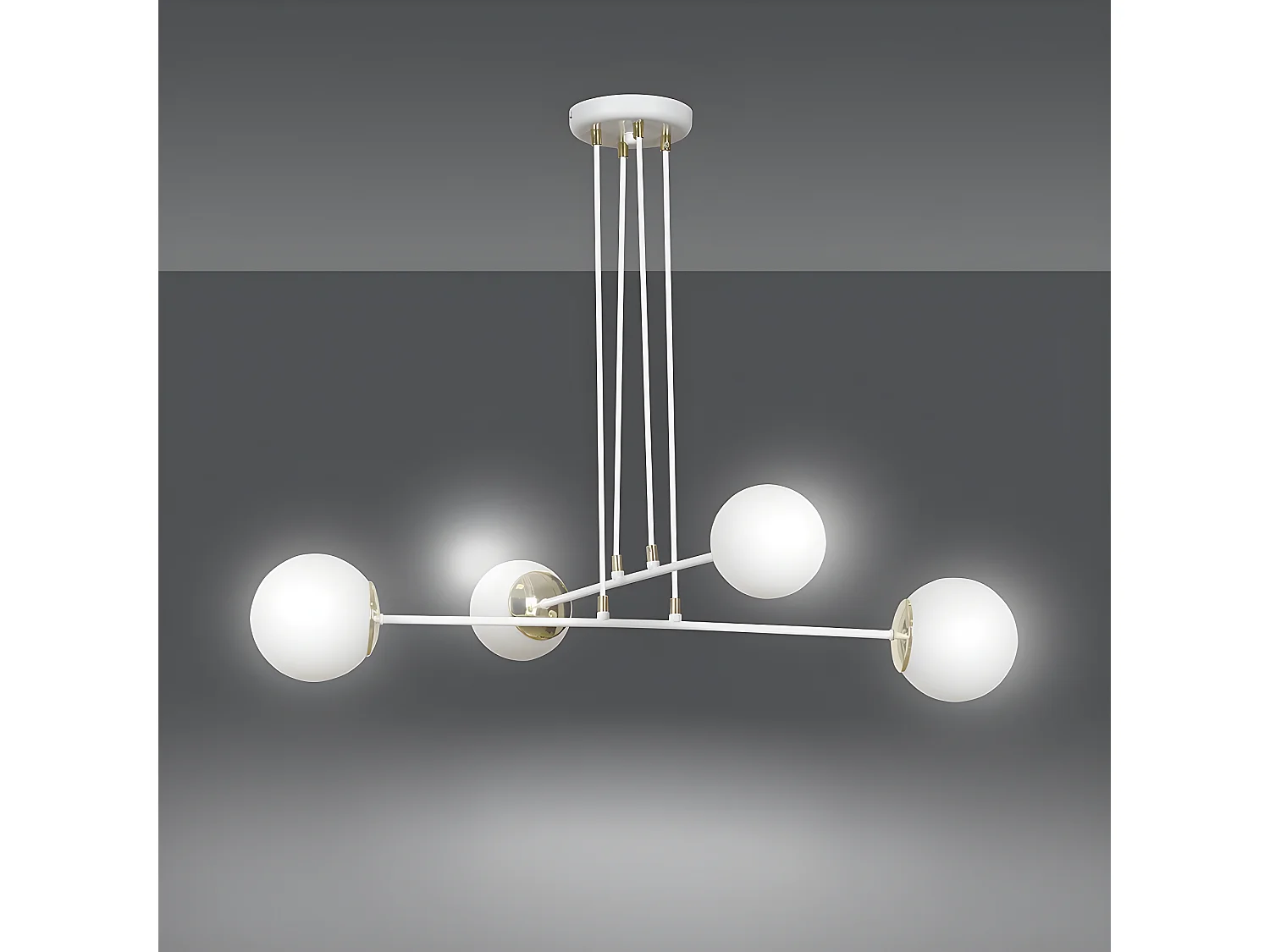Suspension Signo avec barres en métal blanc et 4 sphères en verre 4xE14 ø75cm