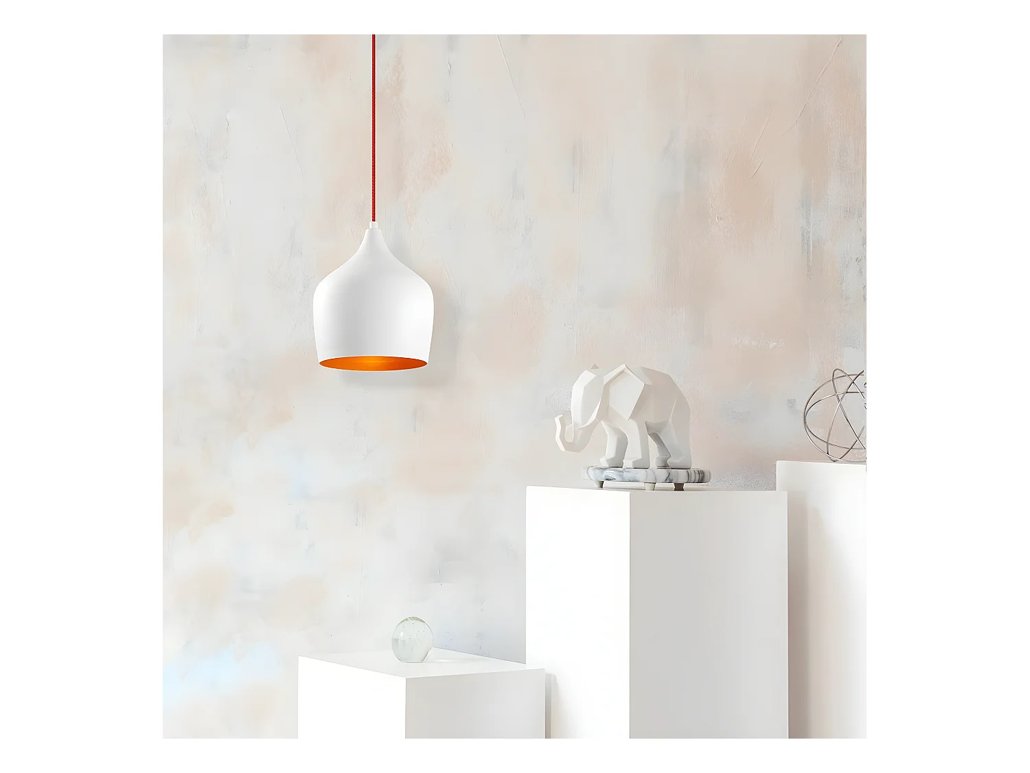 Moderne Plafondlamp Momo van metaal met witte kap en rode kabel 1xE27 ø22cm