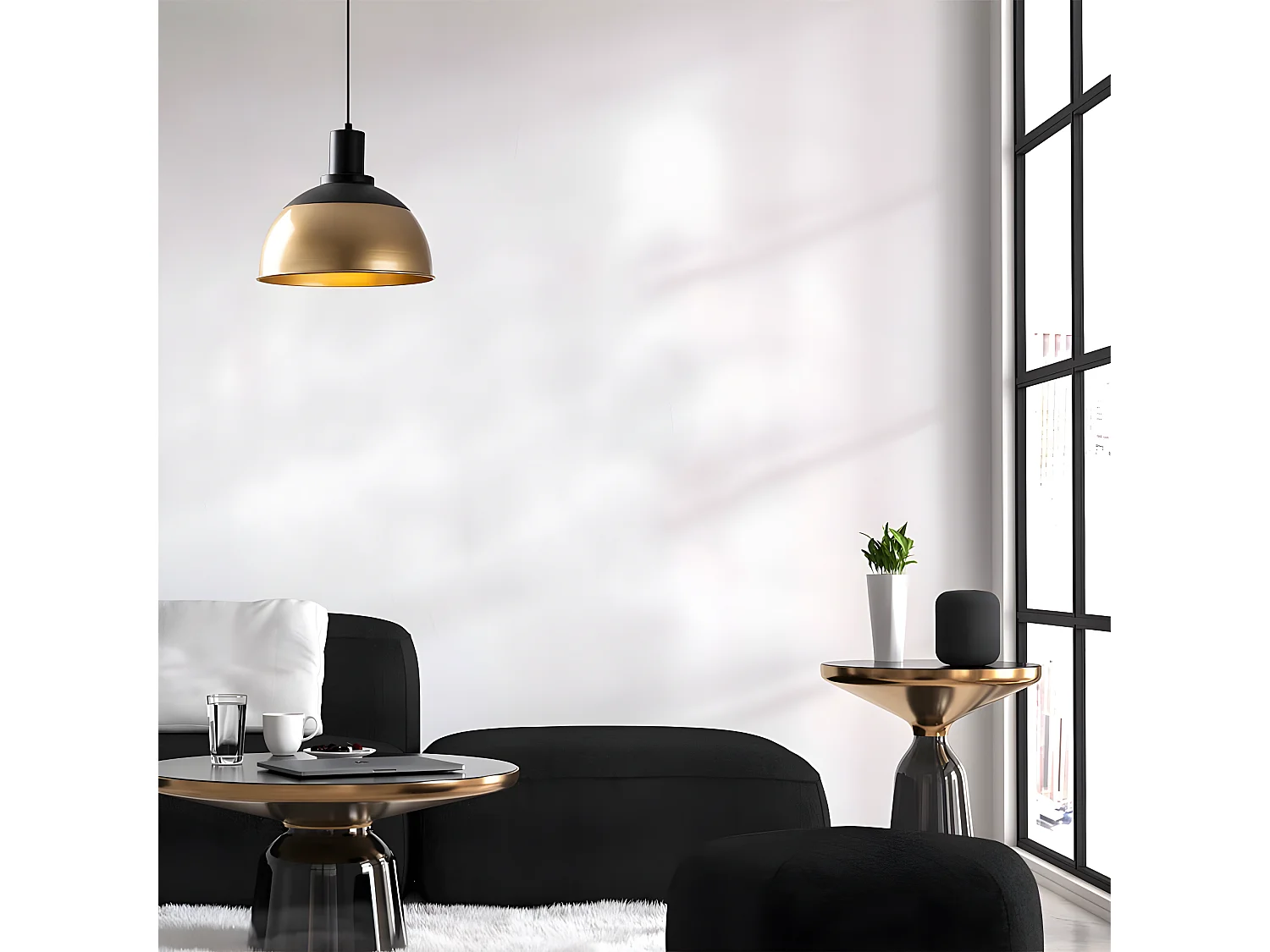 Lampada a sospensione moderna Momo con paralume vintage nero e dorato 1xE27 ø30cm