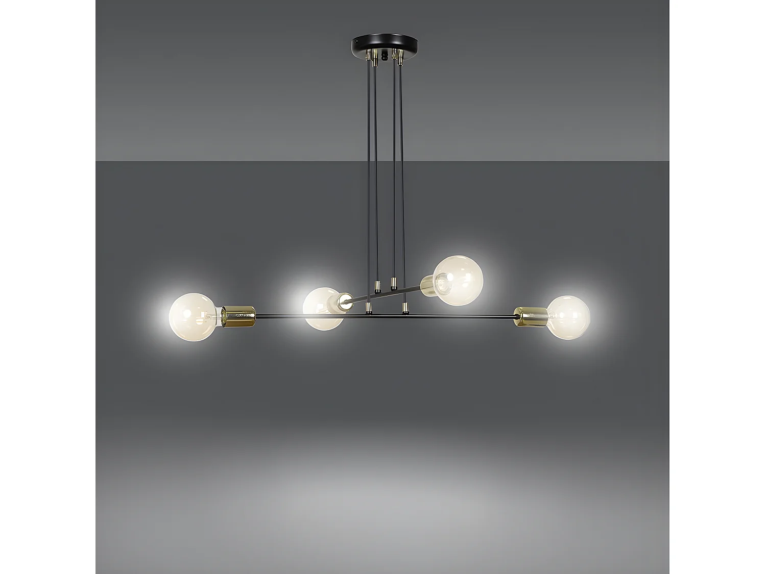 Plafonnier Sives avec barres en métal noir et 4 douilles dorées 4xE27 ø70cm