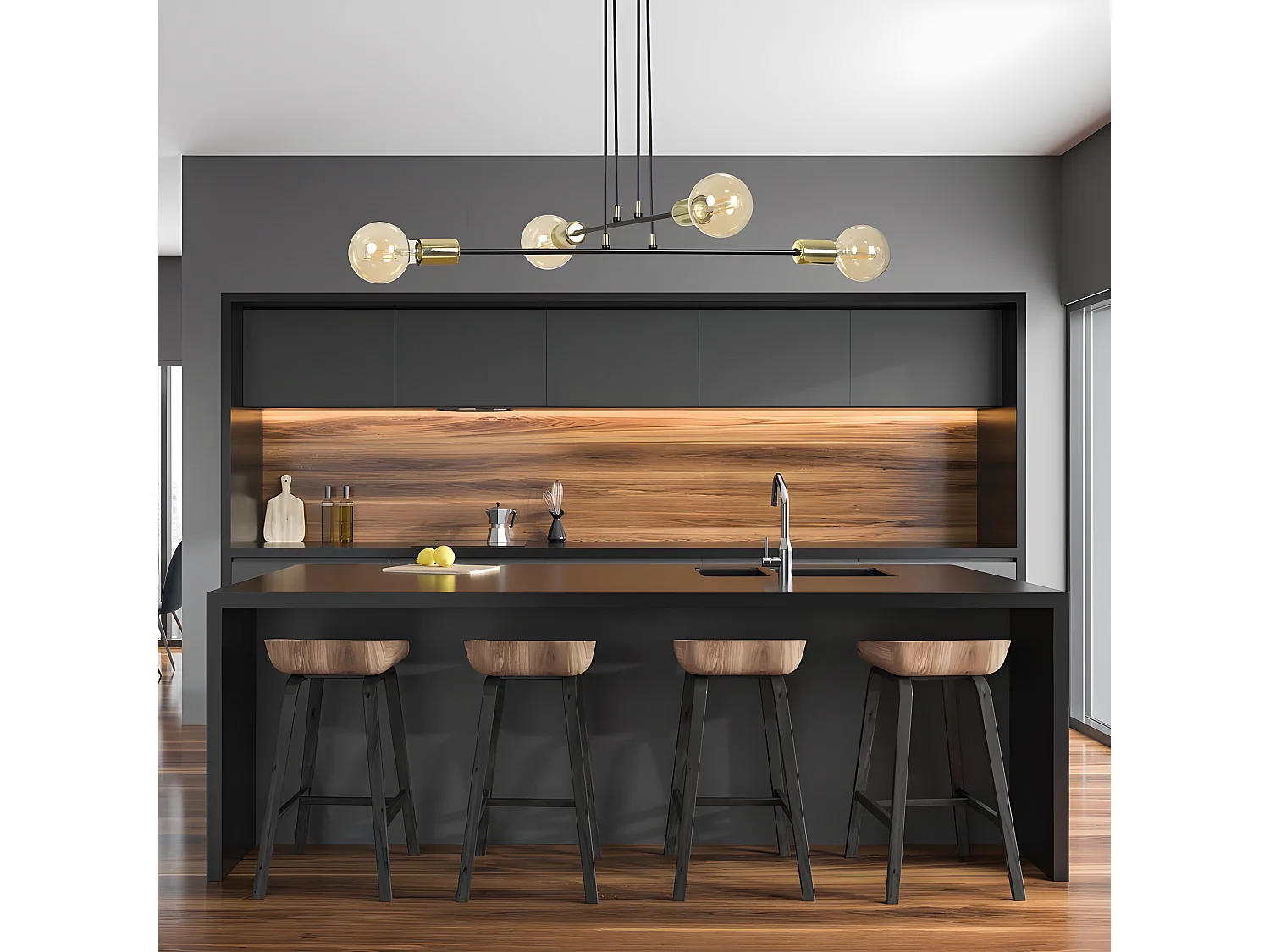 Plafonnier Sives avec barres en métal noir et 4 douilles dorées 4xE27 ø70cm