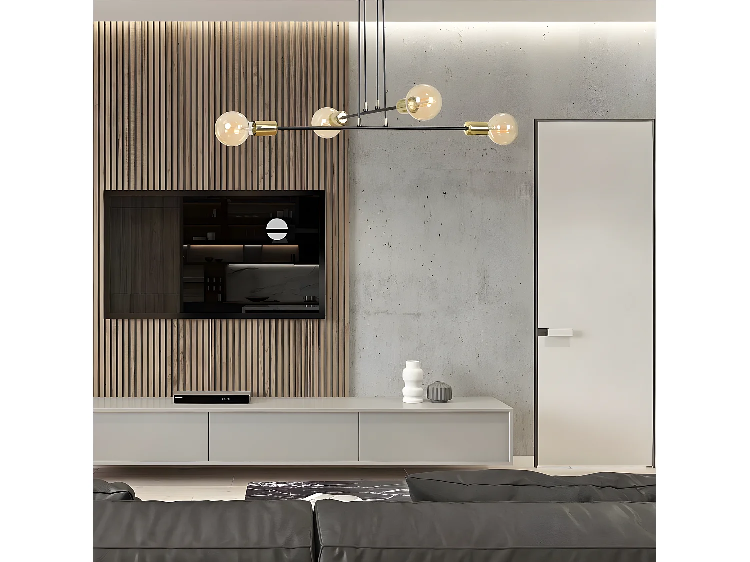 Plafonnier Sives avec barres en métal noir et 4 douilles dorées 4xE27 ø70cm