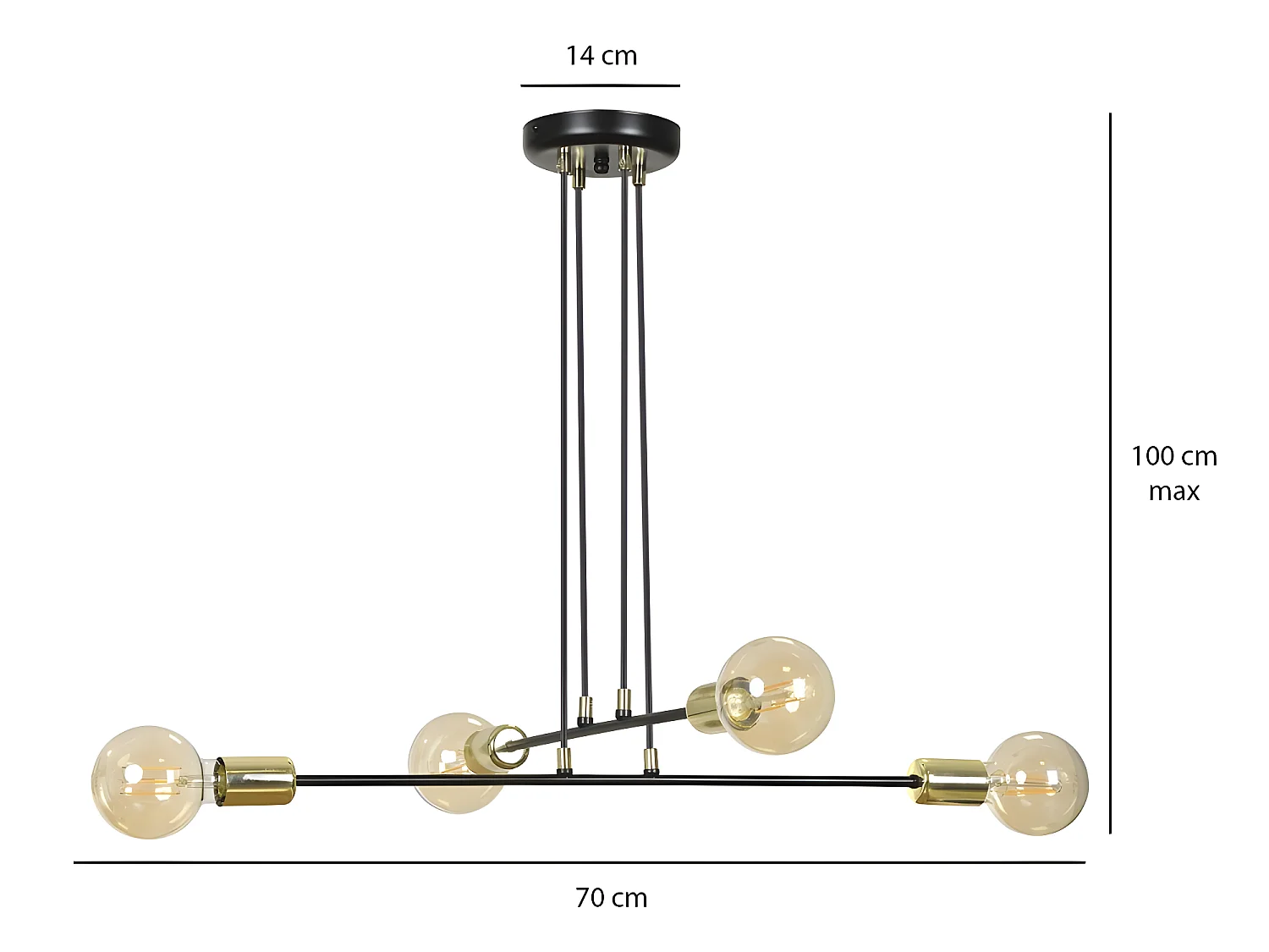 Plafonnier Sives avec barres en métal noir et 4 douilles dorées 4xE27 ø70cm