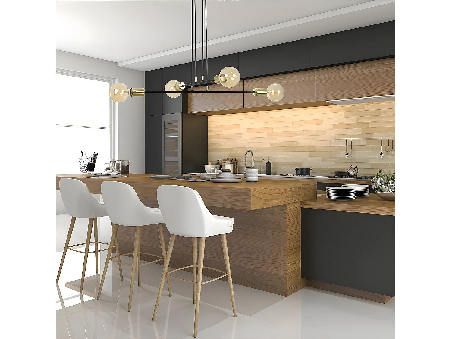 Sives plafondlamp met zwarte metalen staven en 4 gouden lamphouders 4xE27 ø70cm