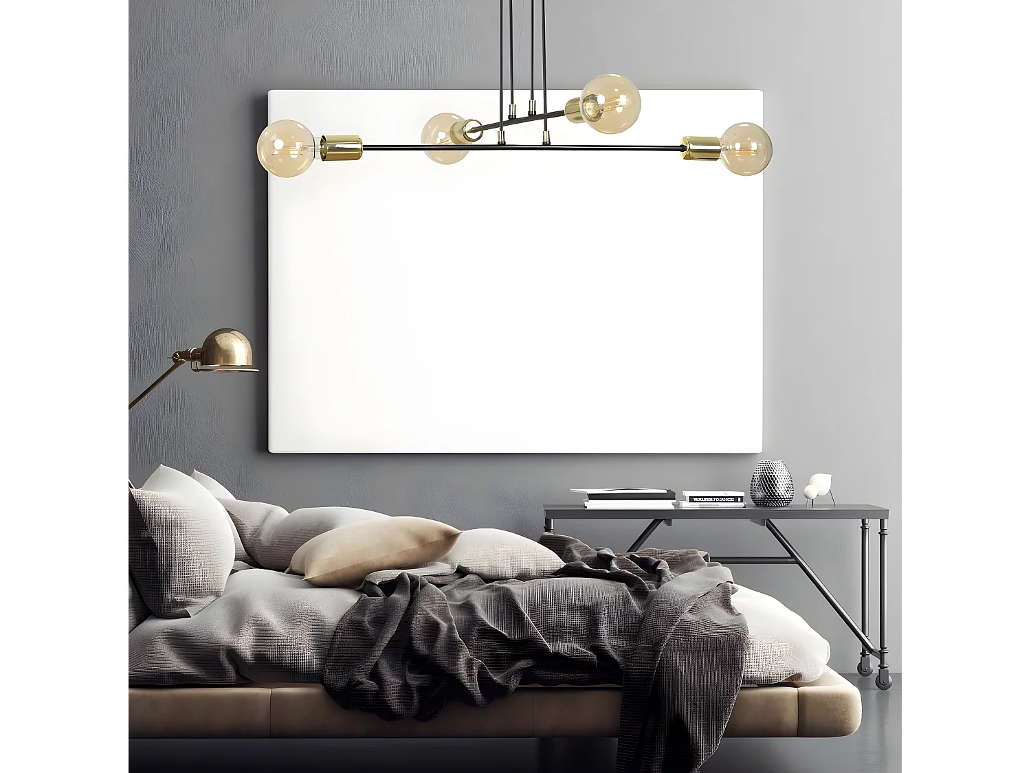 Sives plafondlamp met zwarte metalen staven en 4 gouden lamphouders 4xE27 ø70cm