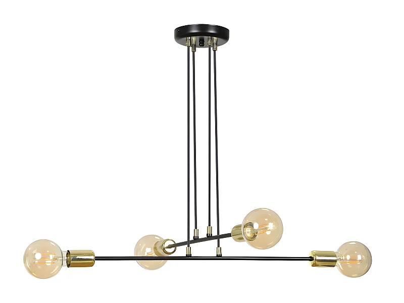 Sives plafondlamp met zwarte metalen staven en 4 gouden lamphouders 4xE27 ø70cm