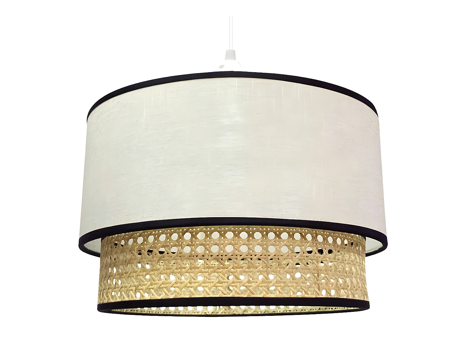 Batana hanglamp met wit linnen en raffia kap met zwarte lijnen 1xE27 ø40cm