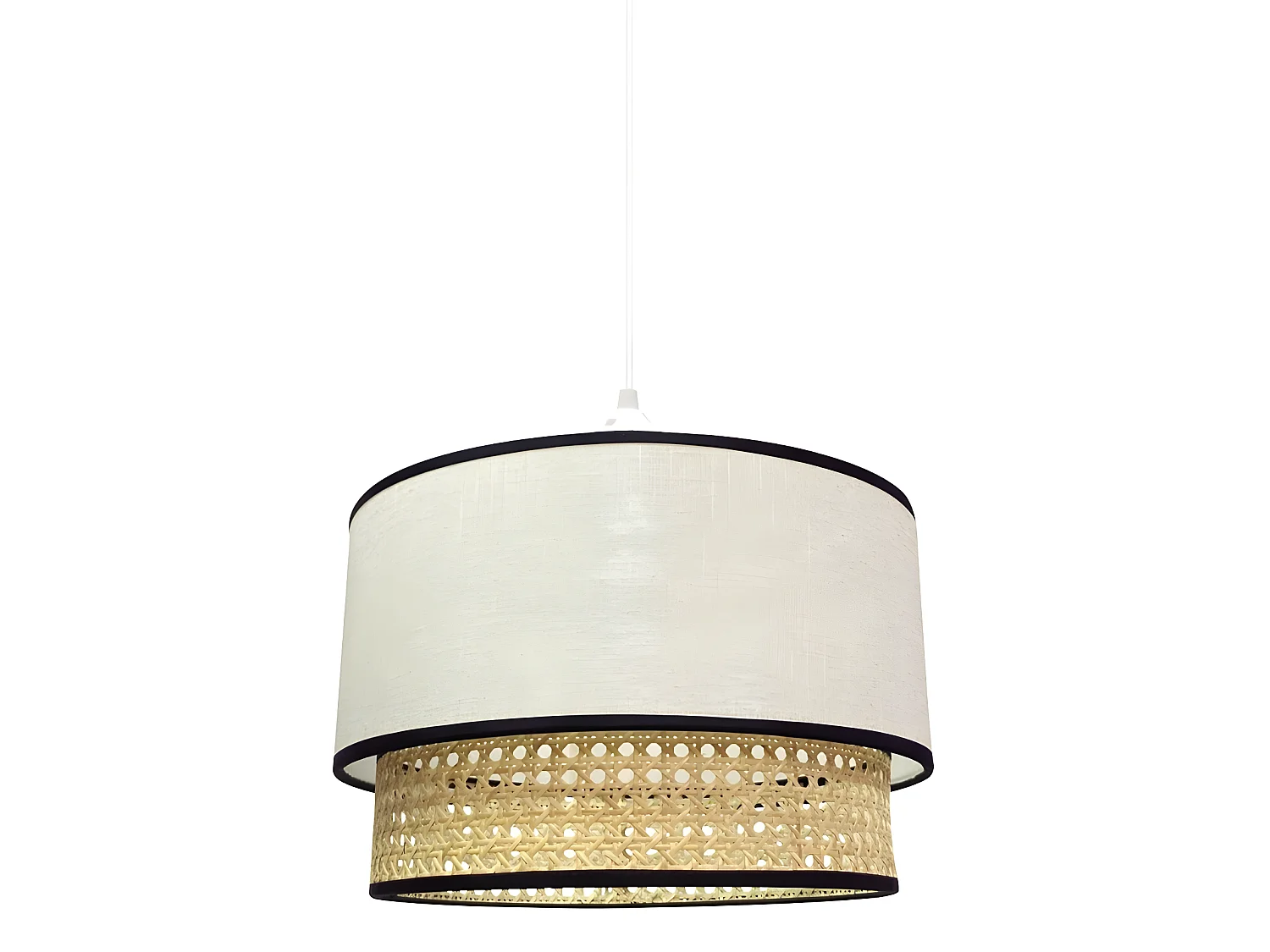 Suspension Batana avec abat-jour en lin blanc et raphia avec lignes noires 1xE27 ø40cm