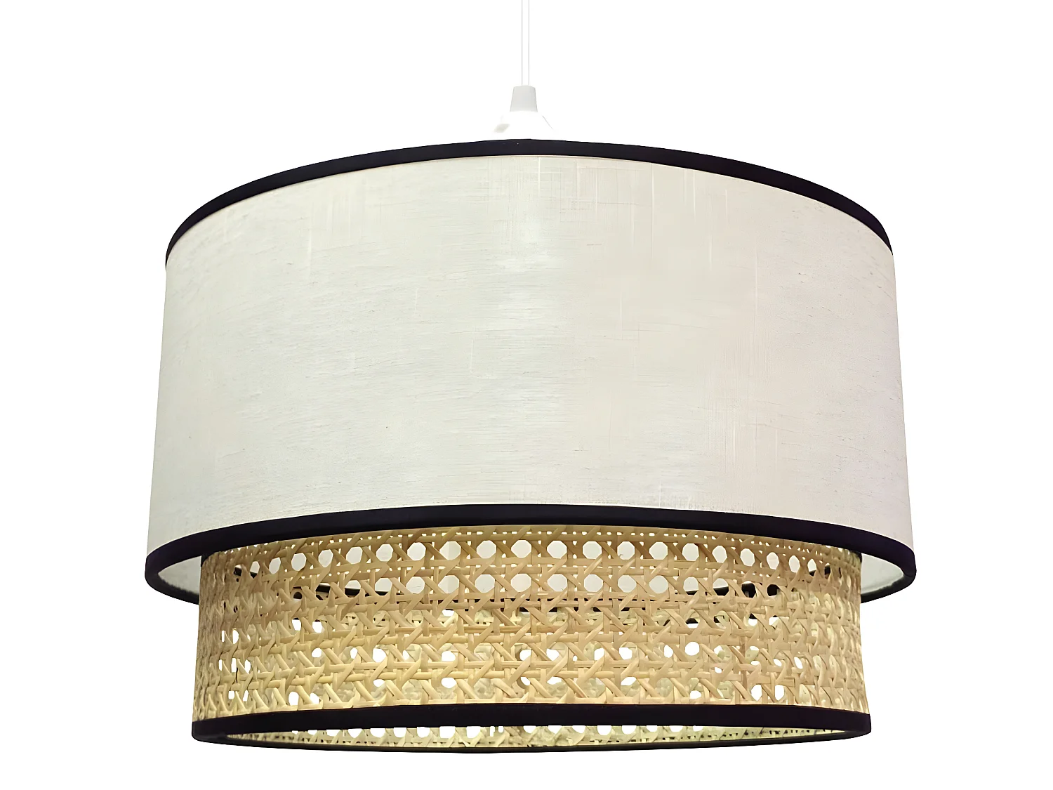 Suspension Batana avec abat-jour en lin blanc et raphia avec lignes noires 1xE27 ø40cm