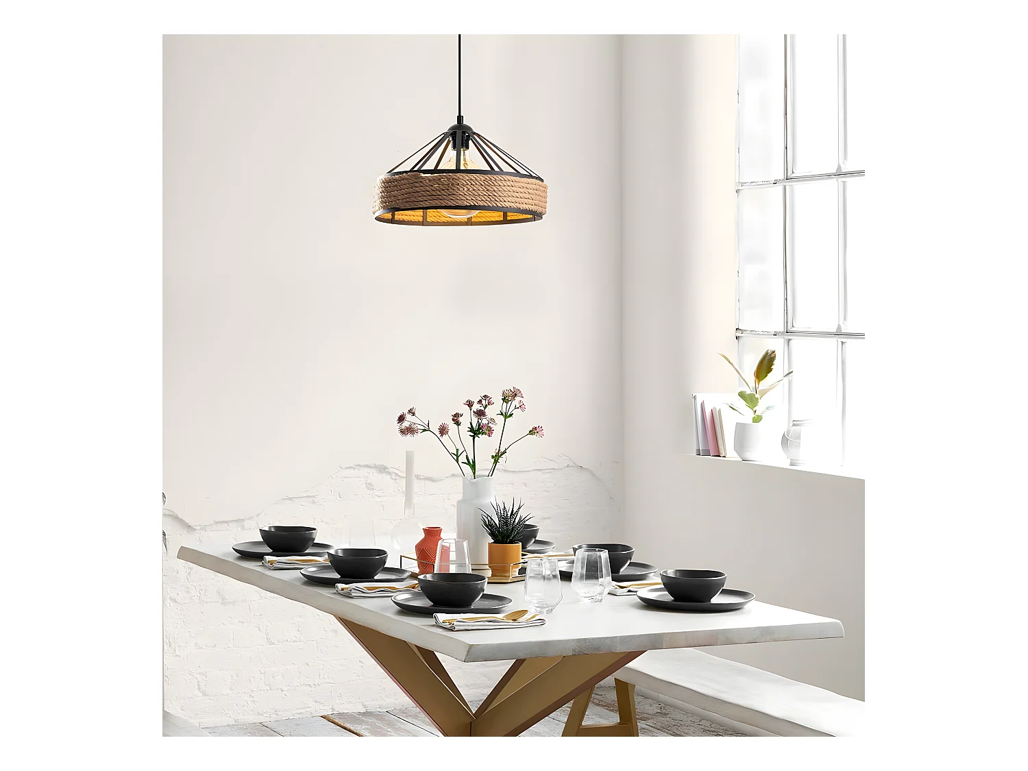 Suspension rustic Arise en métal noir et corde décorative 1xE27 ø40cm