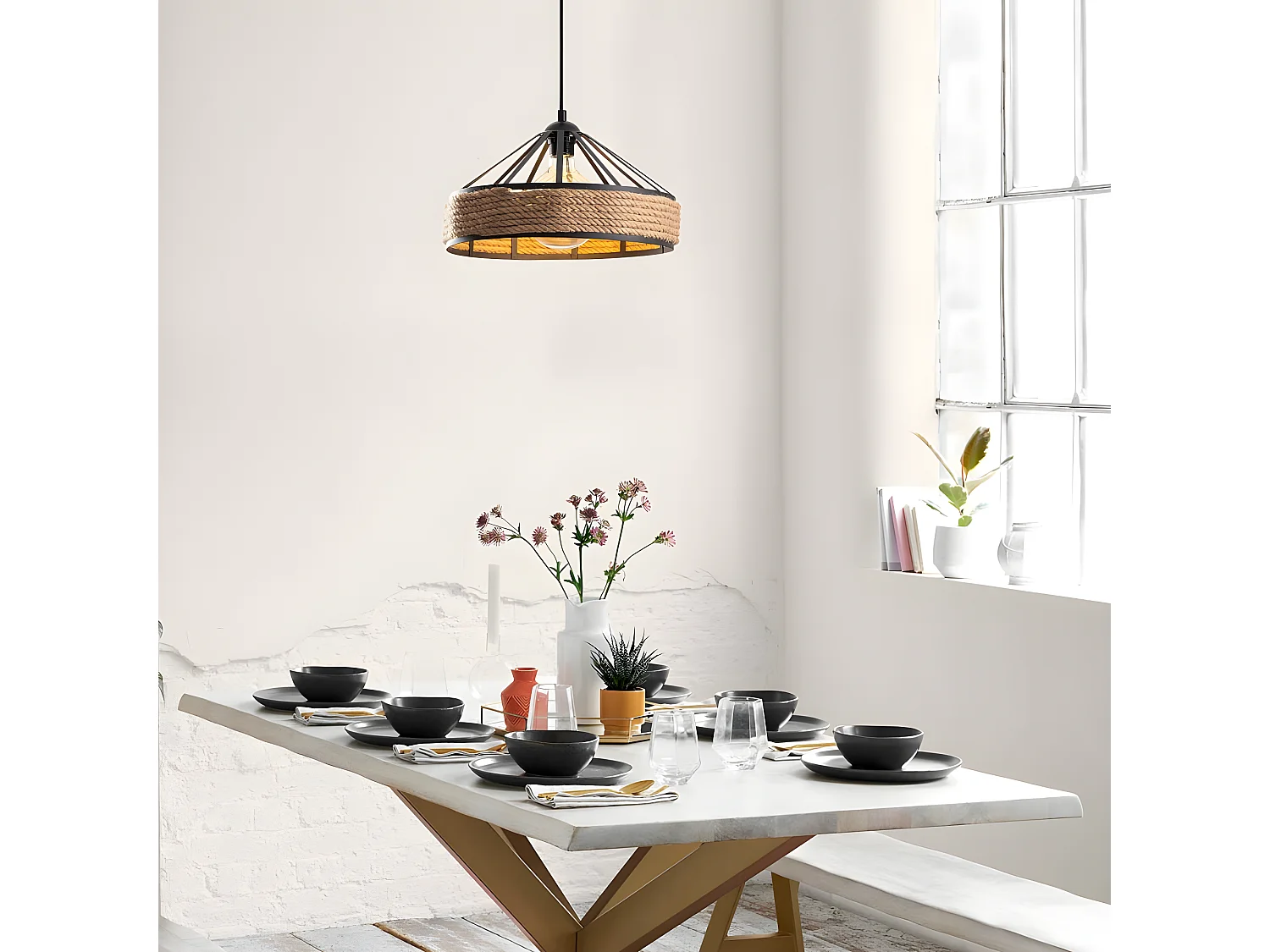 Suspension rustic Arise en métal noir et corde décorative 1xE27 ø40cm