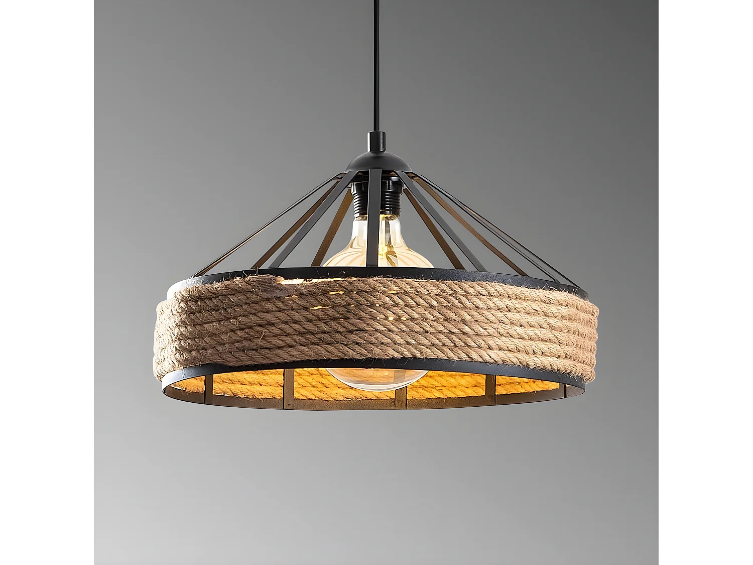 Suspension rustic Arise en métal noir et corde décorative 1xE27 ø40cm