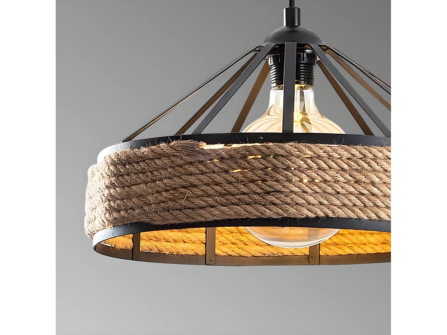 Suspension rustic Arise en métal noir et corde décorative 1xE27 ø40cm