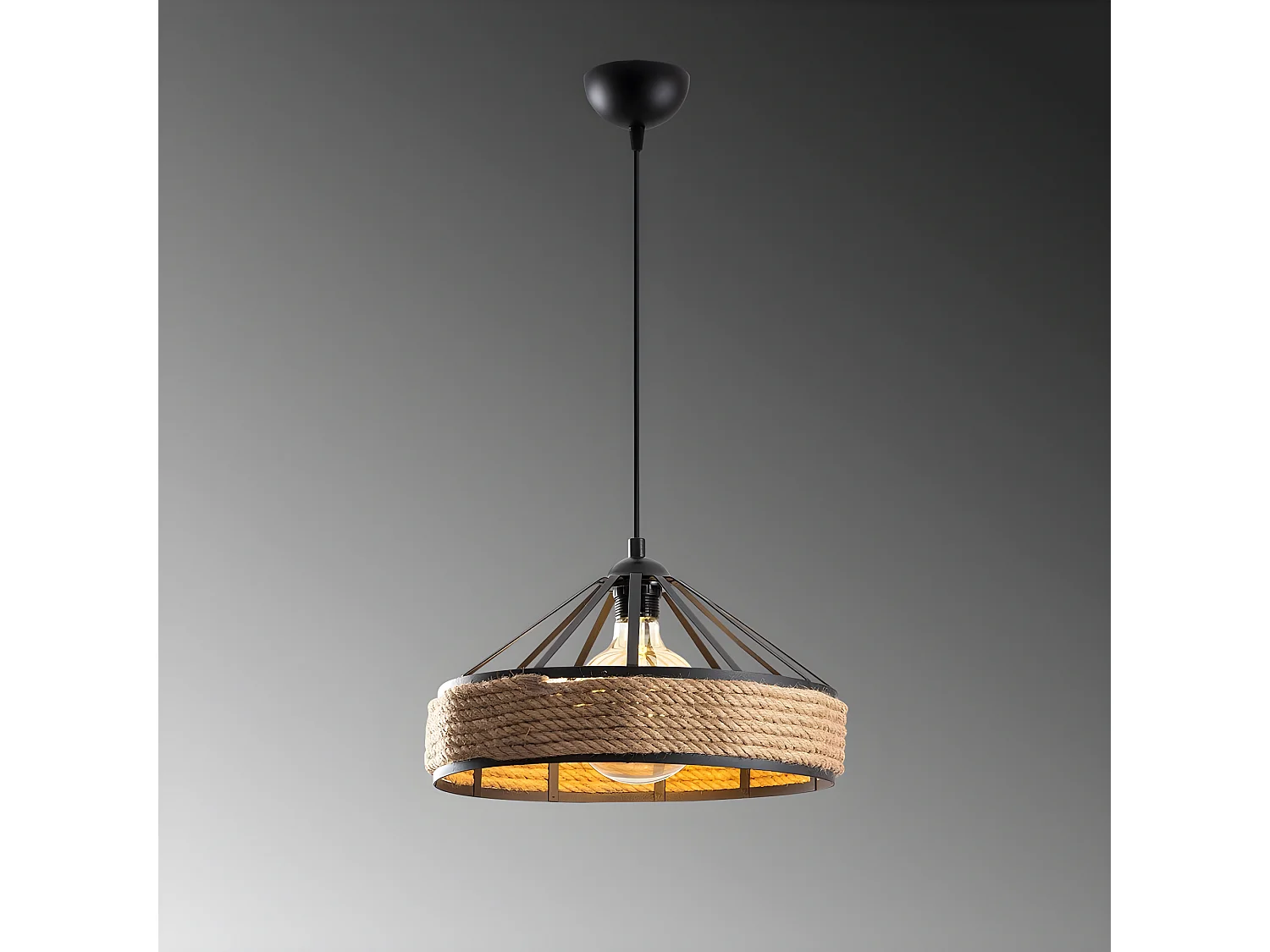 Suspension rustic Arise en métal noir et corde décorative 1xE27 ø40cm