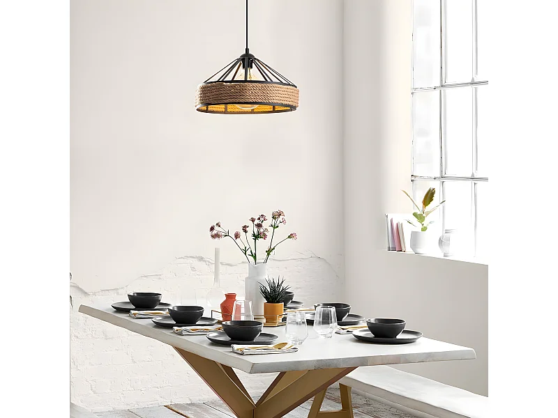 Suspension rustic Arise en métal noir et corde décorative 1xE27 ø40cm