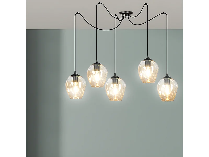 Suspension Maranto avec 5 câbles mobiles et 5 abat-jour ambre 5xE27