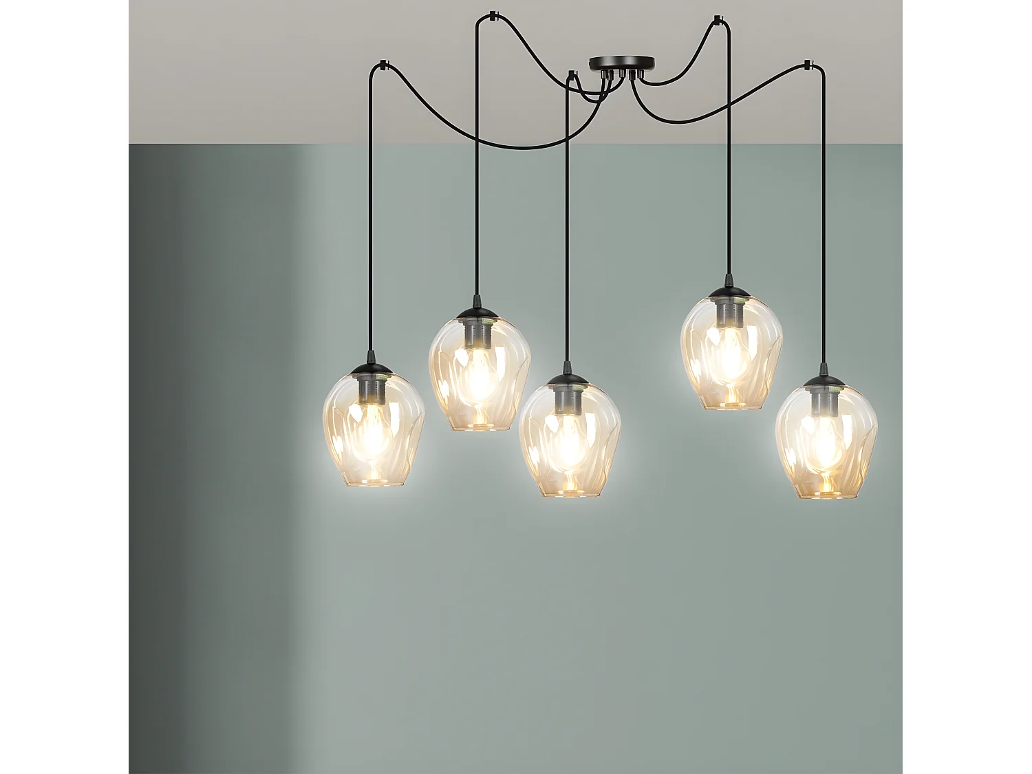 Suspension Maranto avec 5 câbles mobiles et 5 abat-jour ambre 5xE27