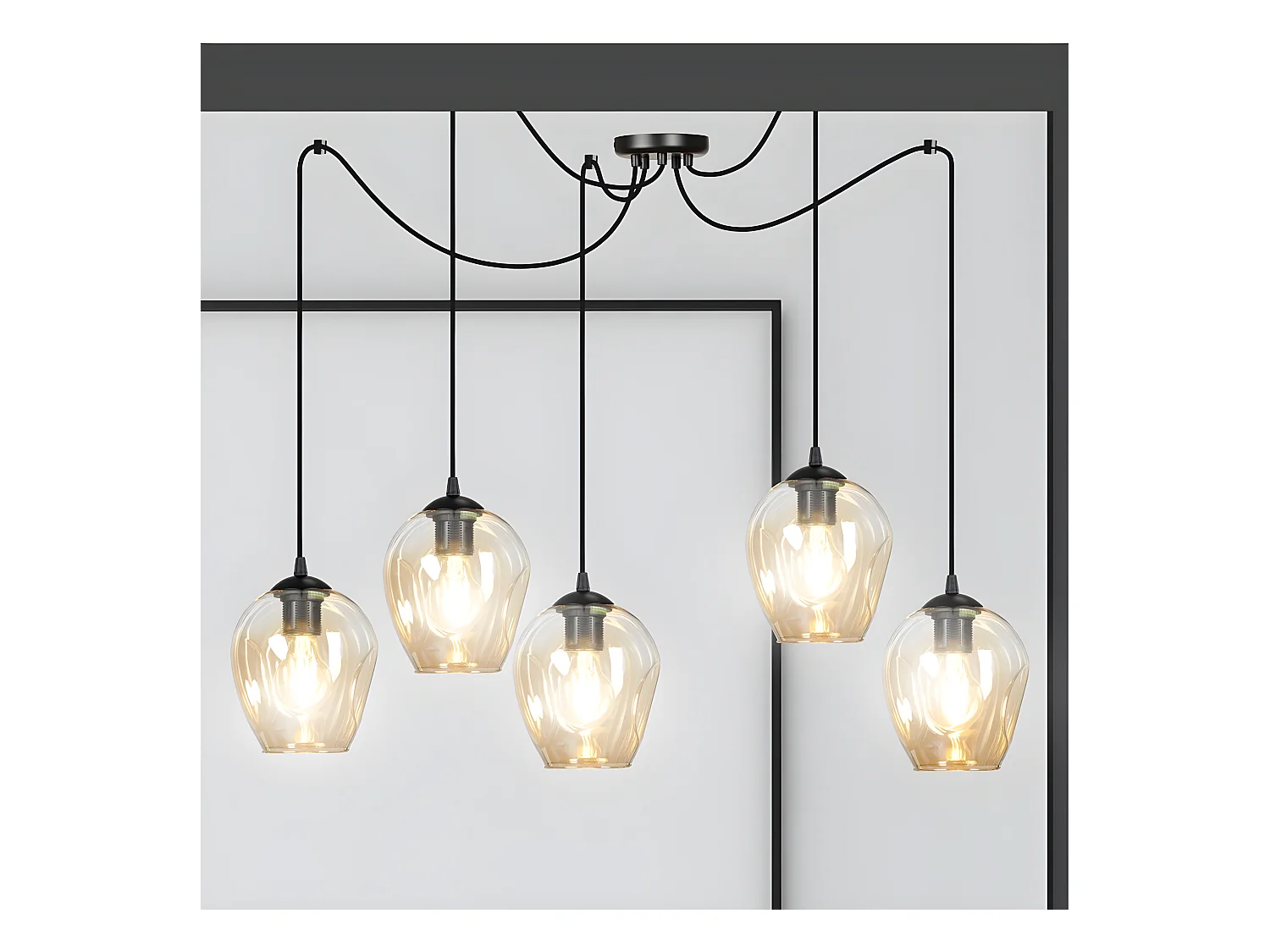 Suspension Maranto avec 5 câbles mobiles et 5 abat-jour ambre 5xE27