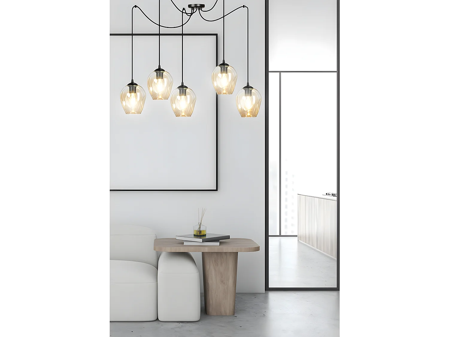 Suspension Maranto avec 5 câbles mobiles et 5 abat-jour ambre 5xE27