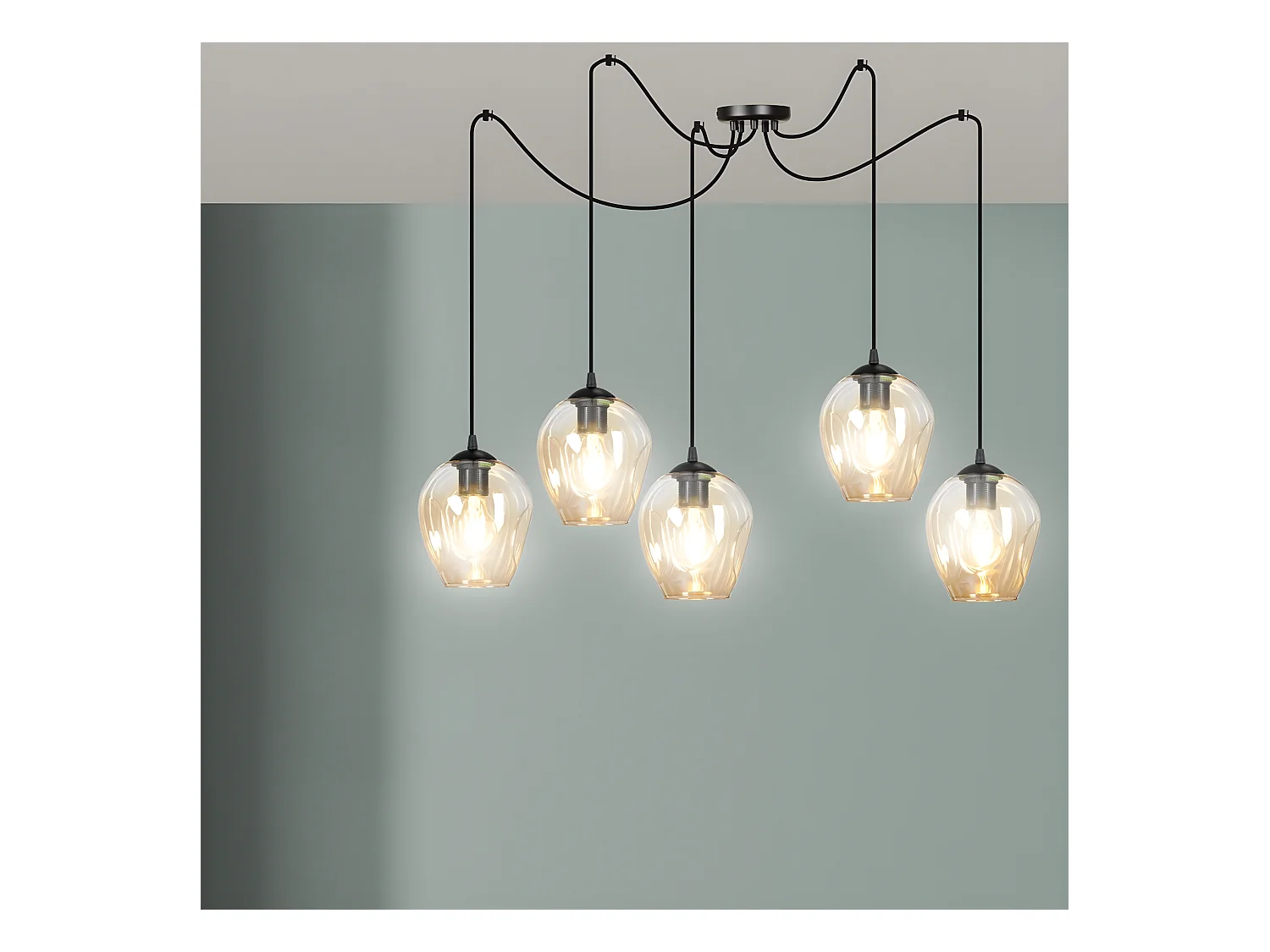 Suspension Maranto avec 5 câbles mobiles et 5 abat-jour ambre 5xE27