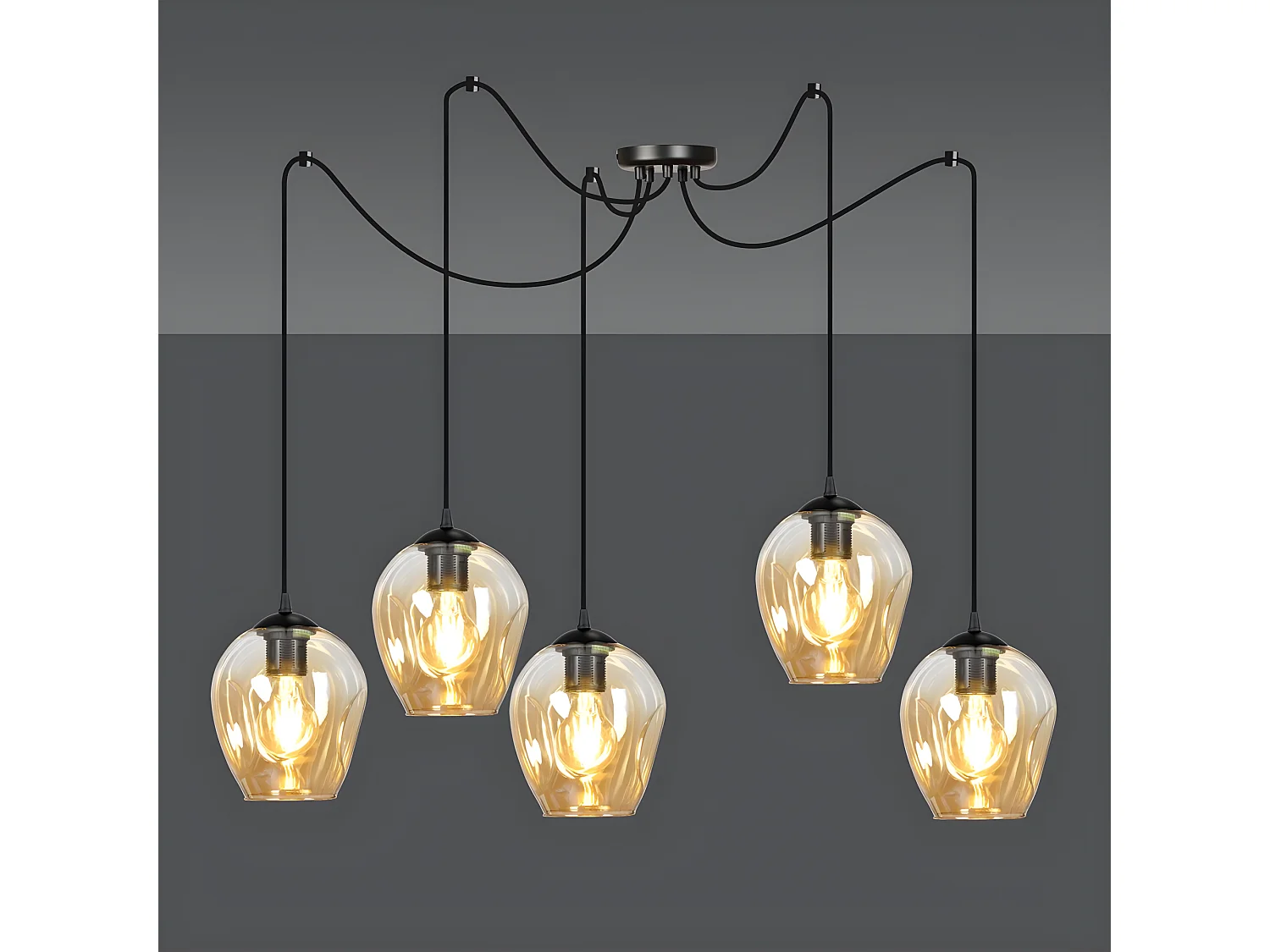 Maranto hanglamp met 5 beweegbare kabels en 5 amberkleurige kappen 5xE27