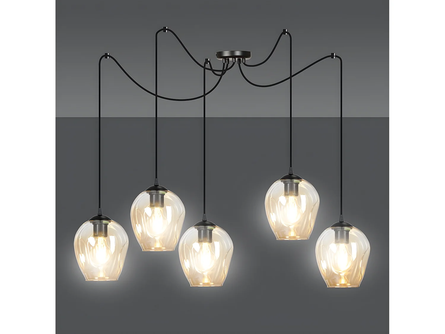 Maranto hanglamp met 5 beweegbare kabels en 5 amberkleurige kappen 5xE27