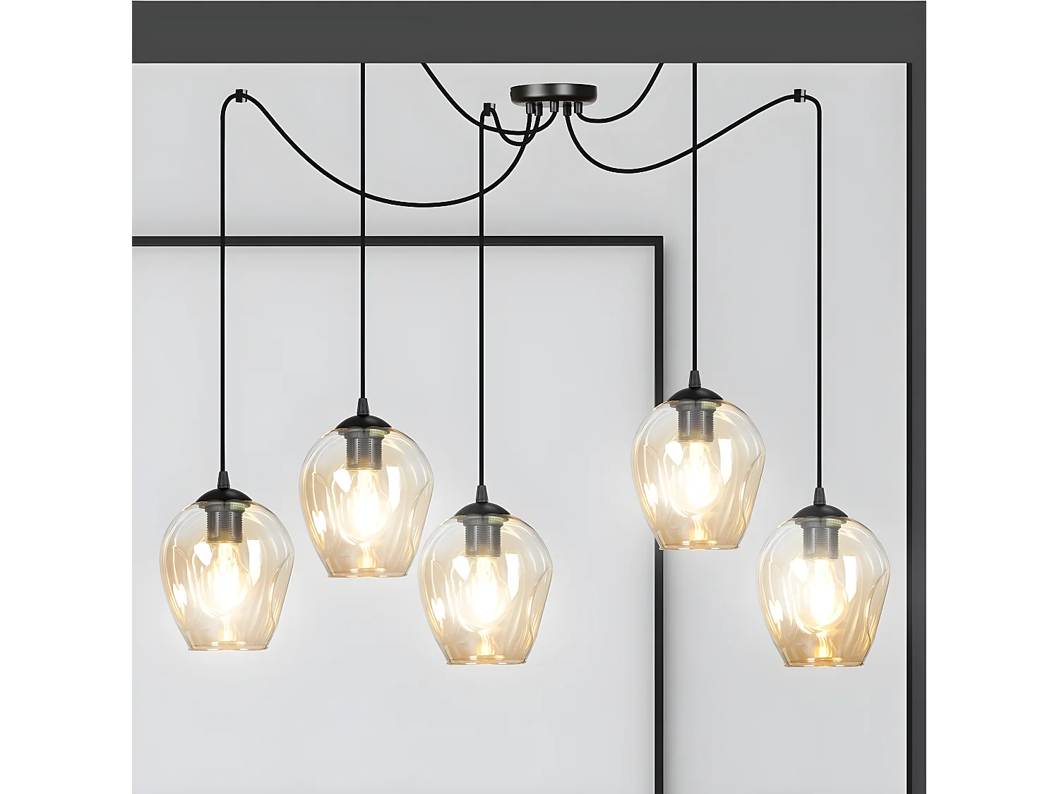 Maranto hanglamp met 5 beweegbare kabels en 5 amberkleurige kappen 5xE27