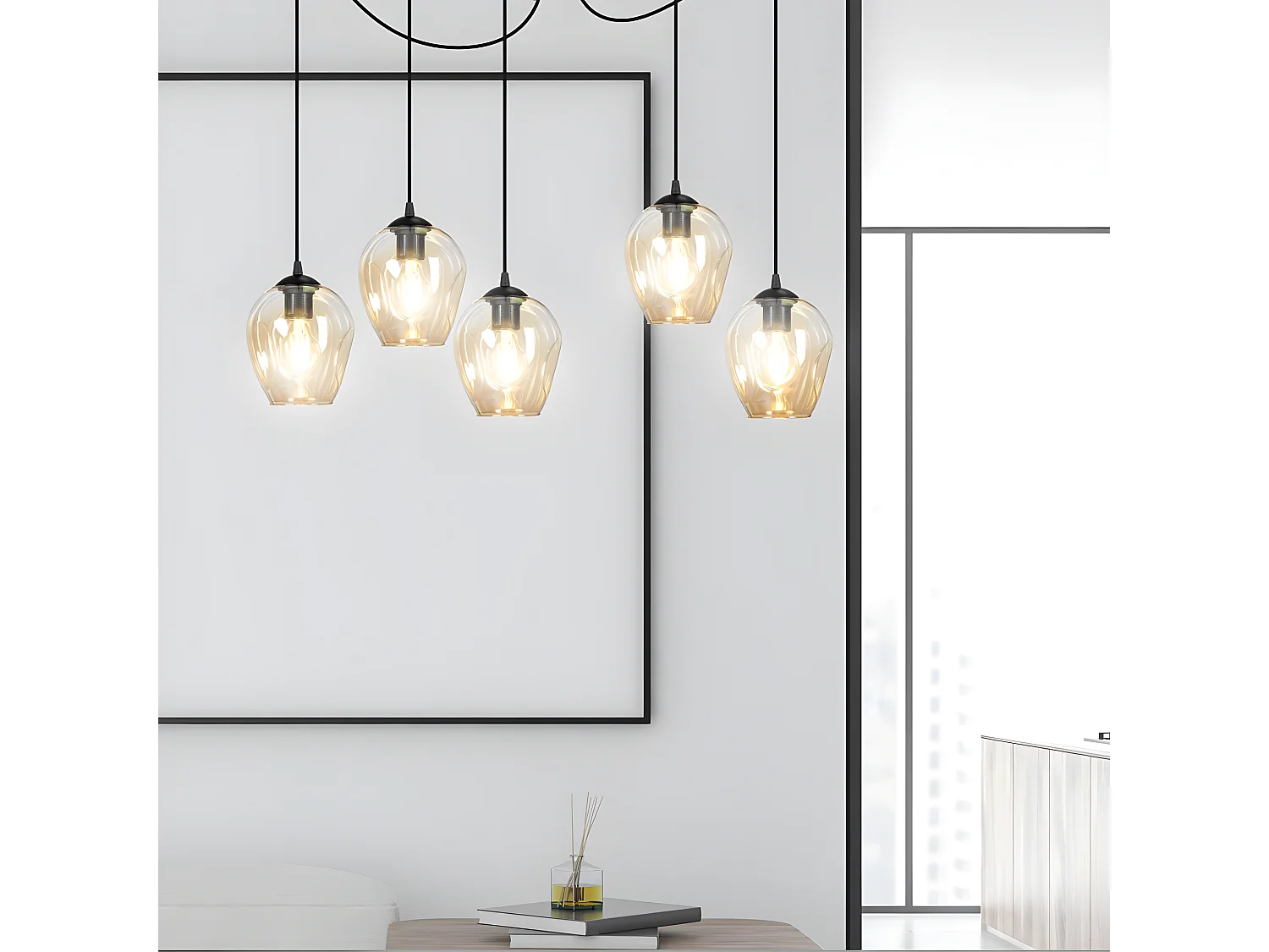 Maranto hanglamp met 5 beweegbare kabels en 5 amberkleurige kappen 5xE27