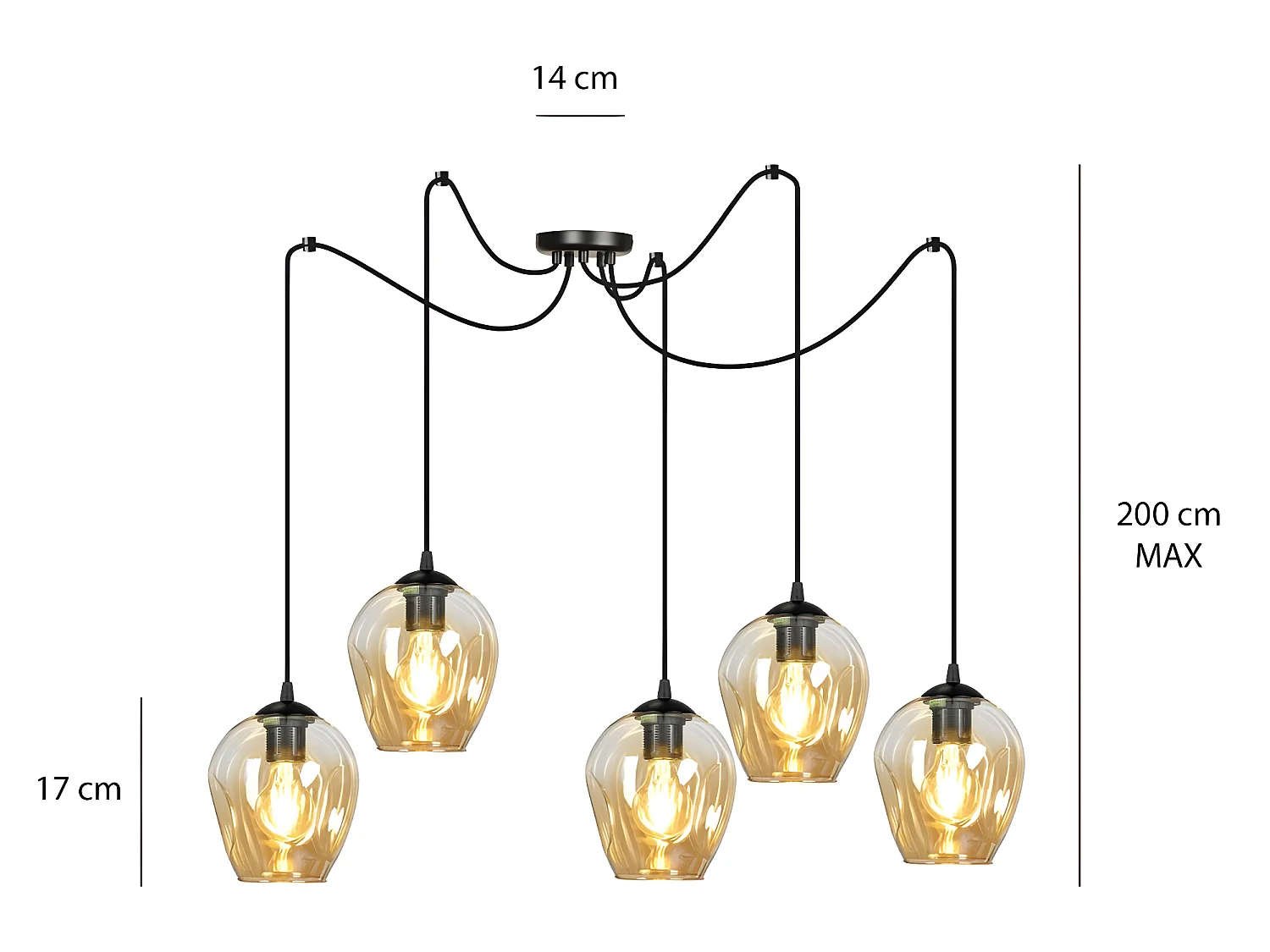 Maranto hanglamp met 5 beweegbare kabels en 5 amberkleurige kappen 5xE27