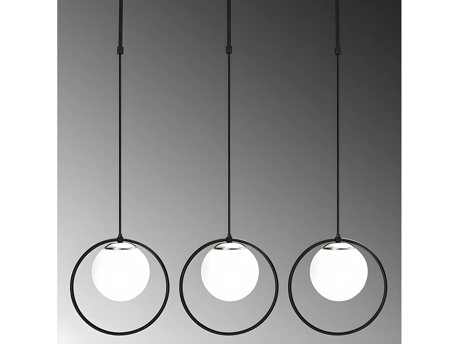 Suspension linéaire Escott noire en forme d'anneau et 3 sphères en verre 3xE27